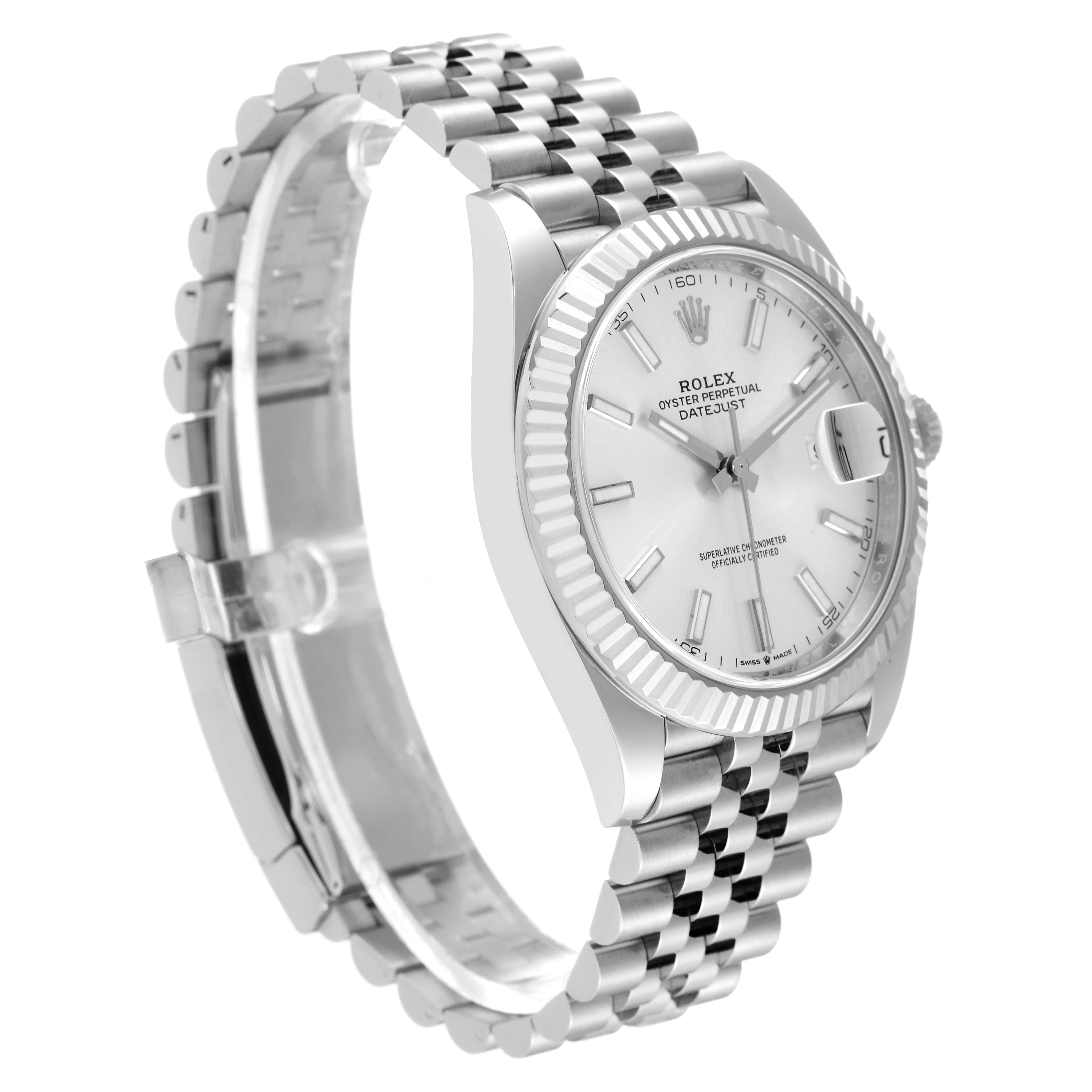 The Rolex Datejust 41 126334 Men's Stainless Steel Silver Dial 126334 Men's Stainless Steel Silver Dial watch is shown at a slight angle, displaying its face, bezel, and bracelet.