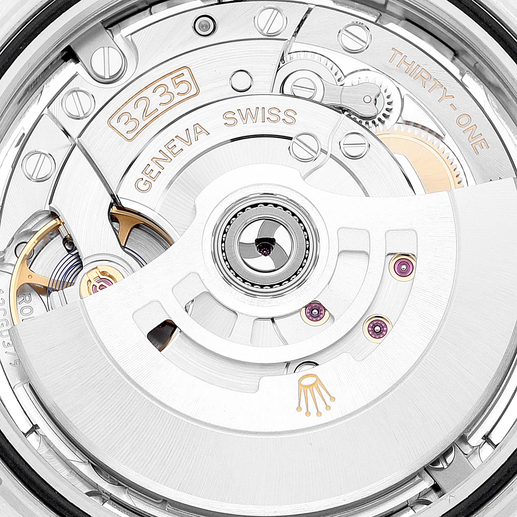 This is a close-up view of the movement mechanism of a Rolex Datejust 41 126334 Men's Stainless Steel Silver Dial 126334 Men's Stainless Steel Silver Dial watch, showing the intricate components and engravings.