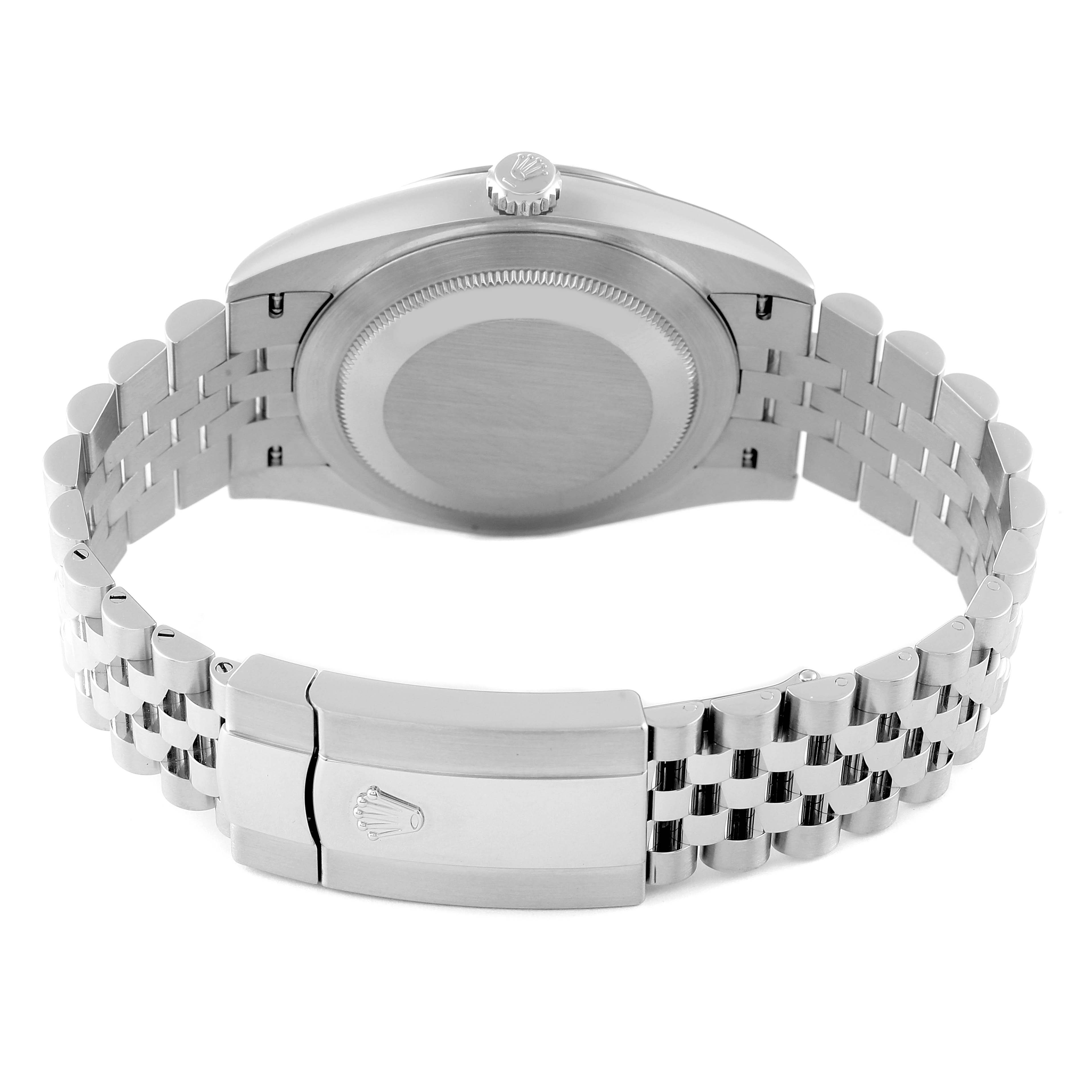 This is a back view of a Rolex Datejust 41 126334 Men's Stainless Steel Silver Dial 126334 Men's Stainless Steel Silver Dial watch showing the case back, bracelet, and clasp with the Rolex logo.