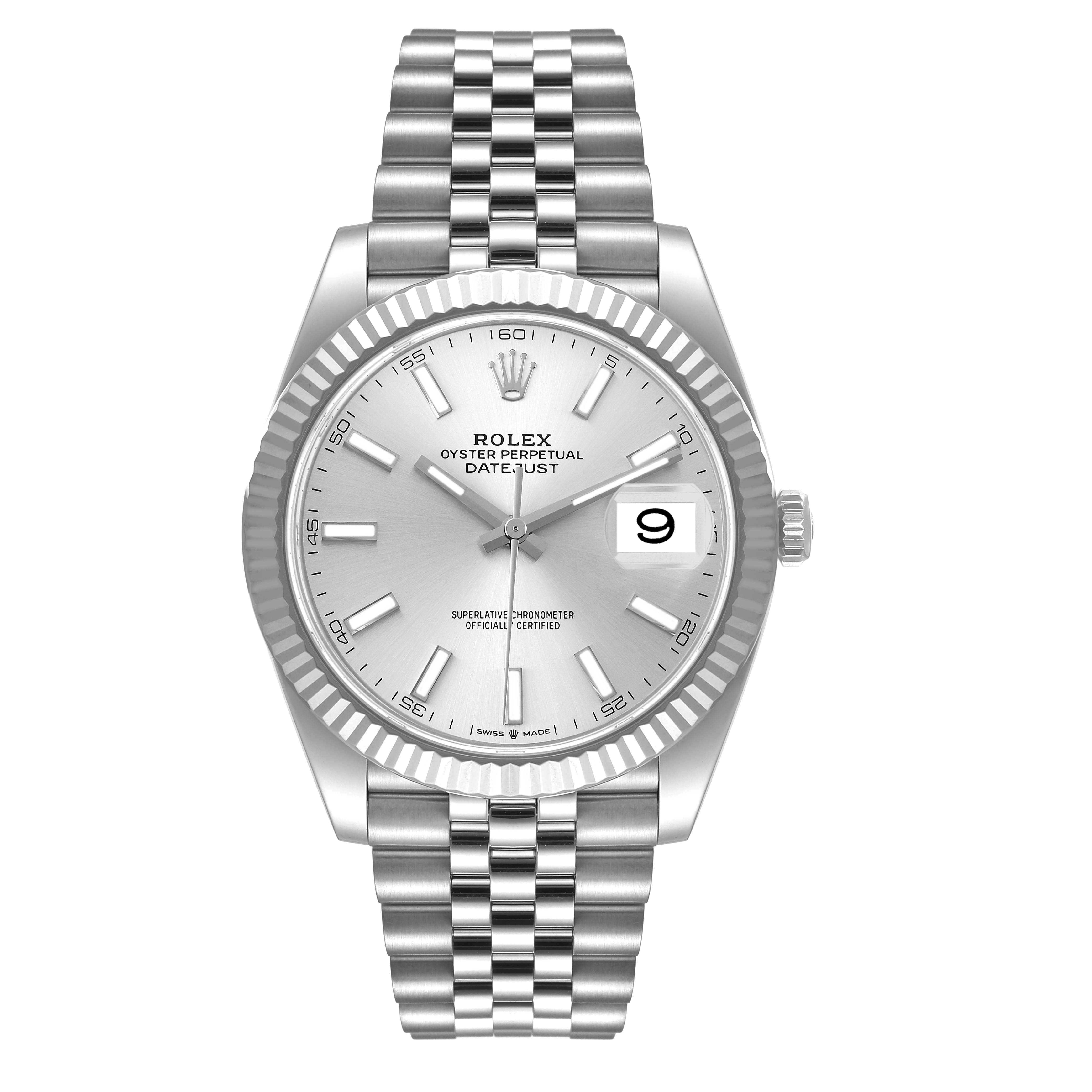 This image shows a Rolex Datejust 41 126334 Men's Stainless Steel Silver Dial 126334 Men's Stainless Steel Silver Dial watch from a front angle, displaying the dial, bezel, and bracelet.