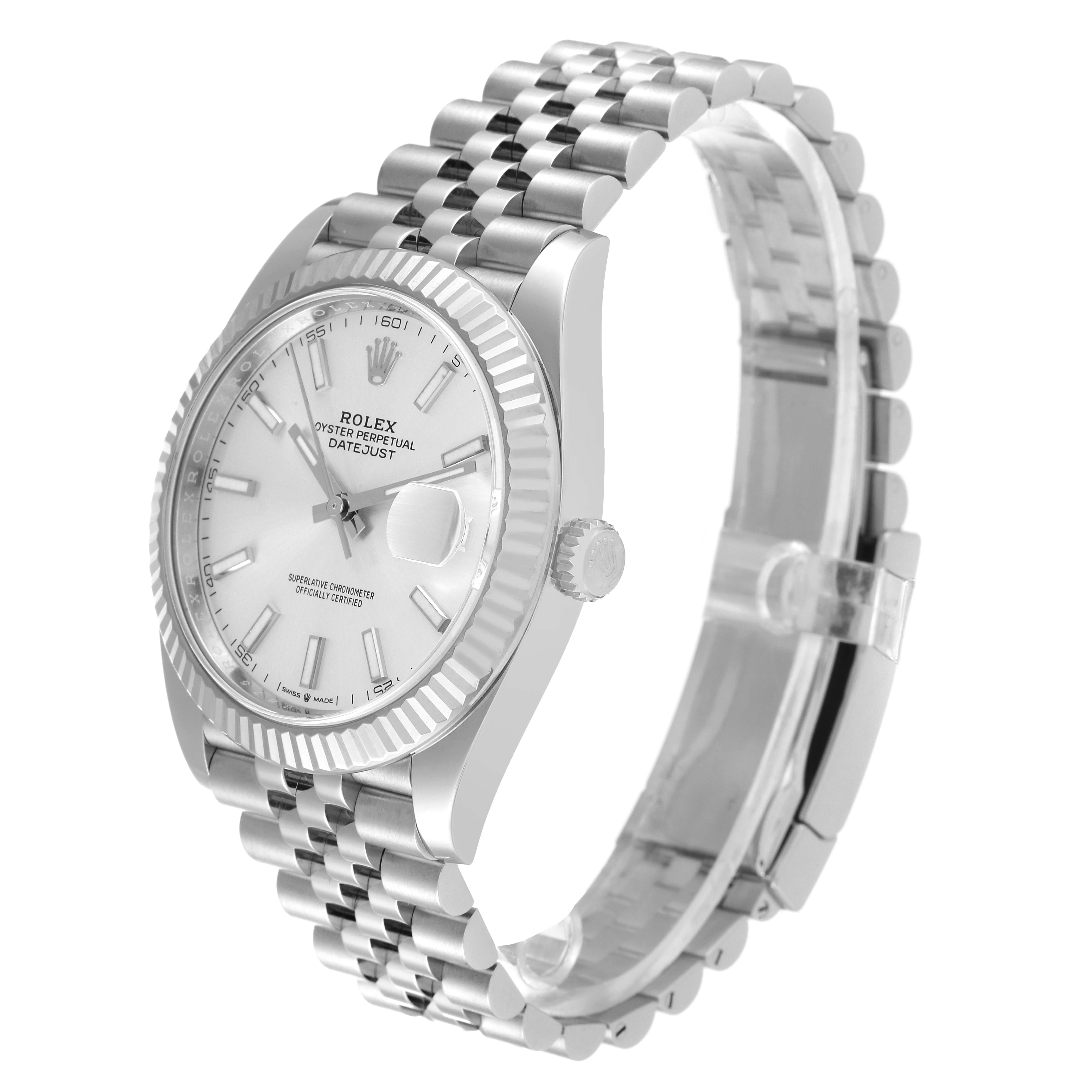 The Rolex Datejust 41 126334 Men's Stainless Steel Silver Dial 126334 Men's Stainless Steel Silver Dial watch is shown at a 3/4 angle, displaying the bracelet, crown, and face clearly.