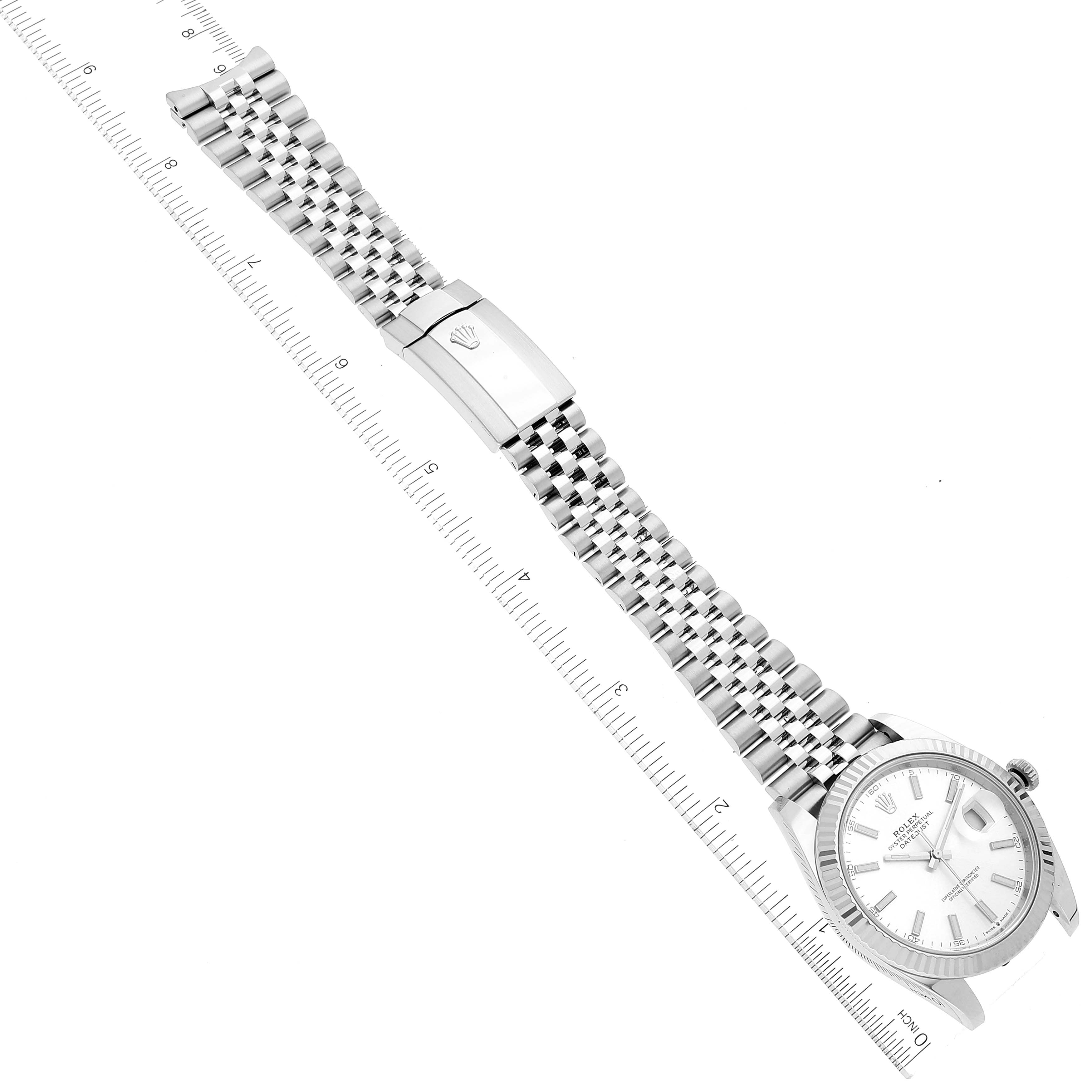 The image shows a flat, top-down view of a Rolex Datejust 41 126334 Men's Stainless Steel Silver Dial 126334 Men's Stainless Steel Silver Dial watch, highlighting its dial, bracelet, and clasp.