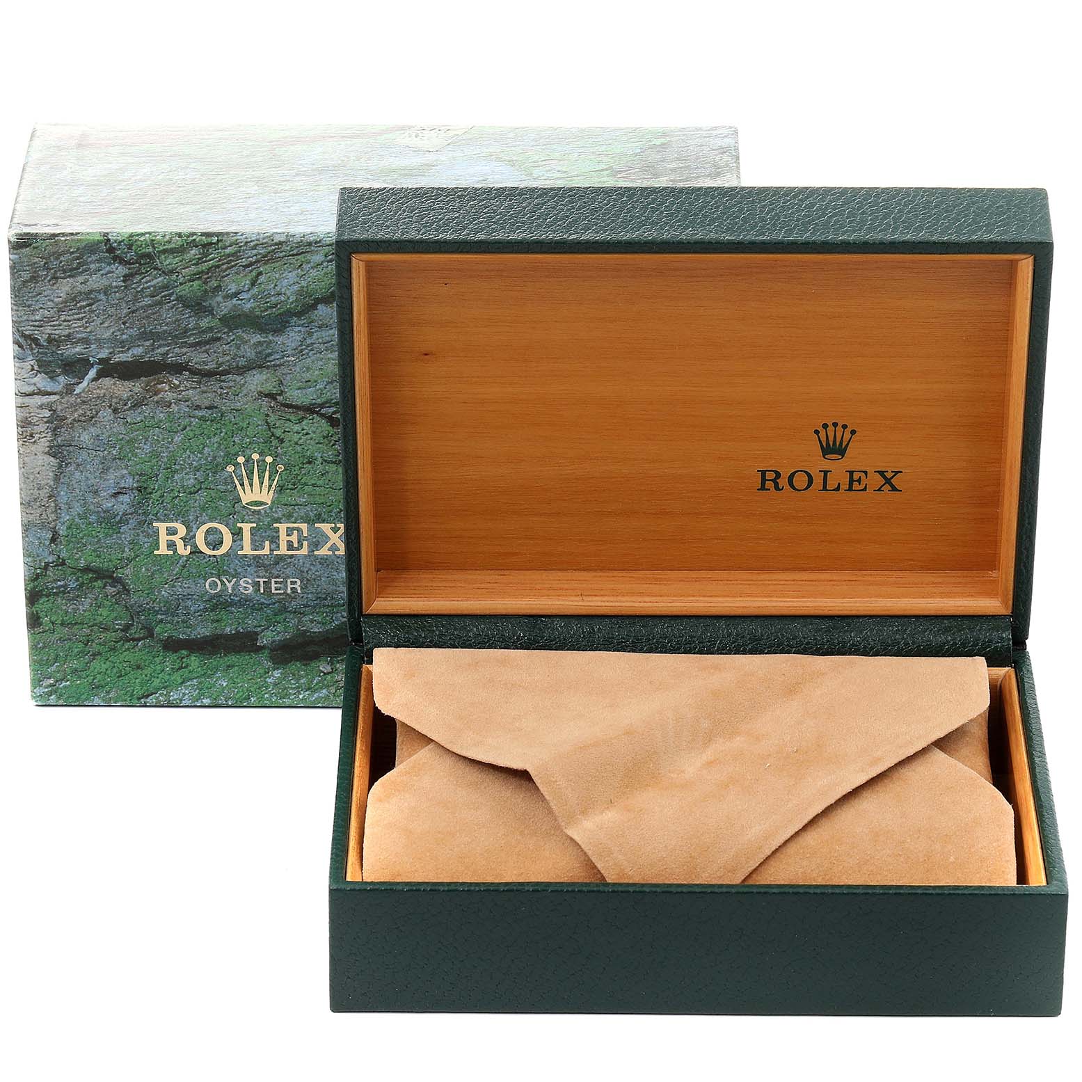 The image shows a Rolex Datejust 16200 Men's Stainless Steel Black Dial 16200 Men's Stainless Steel Black Dial watch box and packaging viewed from the front, with the lid open revealing the interior.