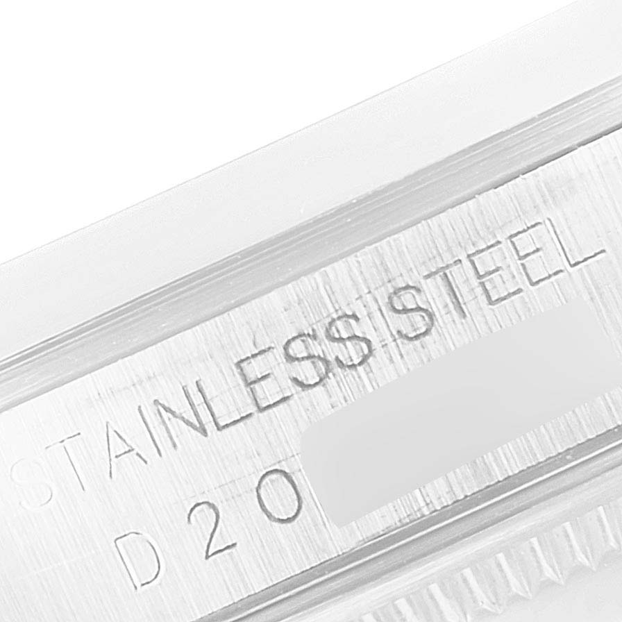 The image shows a close-up of the stainless steel case with engravings of a Rolex Datejust 16200 Men's Stainless Steel Black Dial 16200 Men's Stainless Steel Black Dial watch.