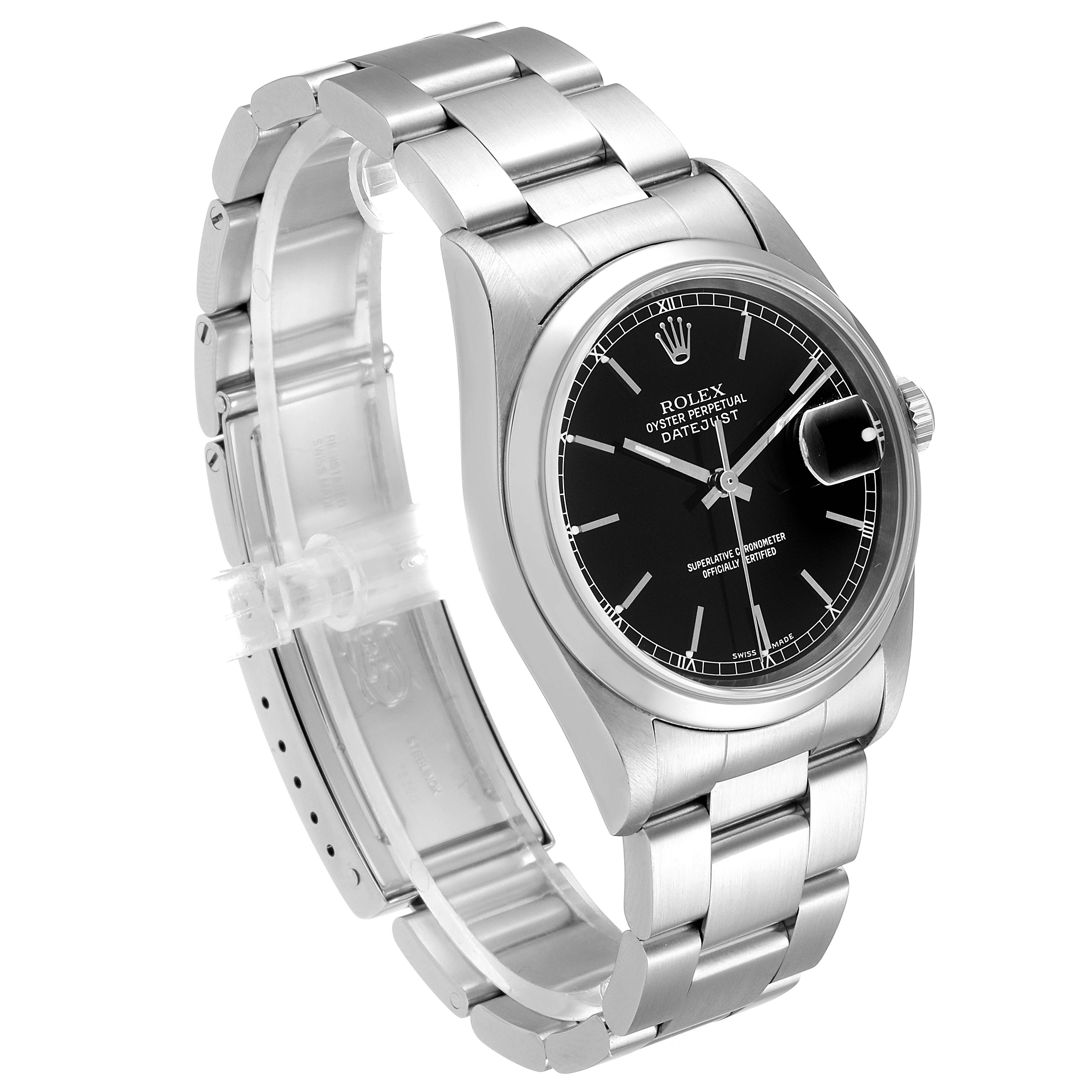 The Rolex Datejust 16200 Men's Stainless Steel Black Dial 16200 Men's Stainless Steel Black Dial watch is shown at a slight angle, displaying the black dial, stainless steel case, and bracelet.