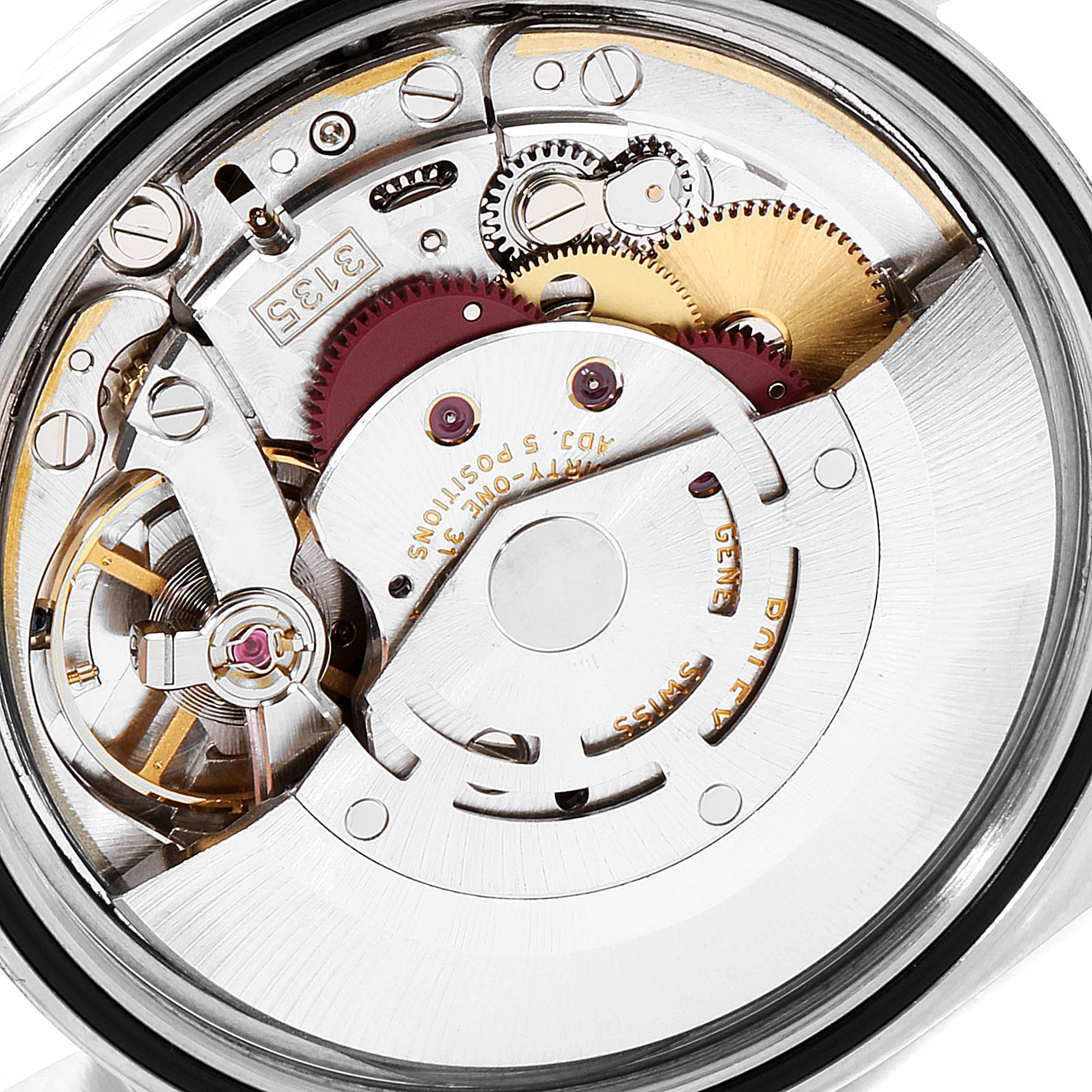 This image shows the intricate movement and internal mechanisms of a Rolex Datejust 16200 Men's Stainless Steel Black Dial 16200 Men's Stainless Steel Black Dial watch from a top-down angle.