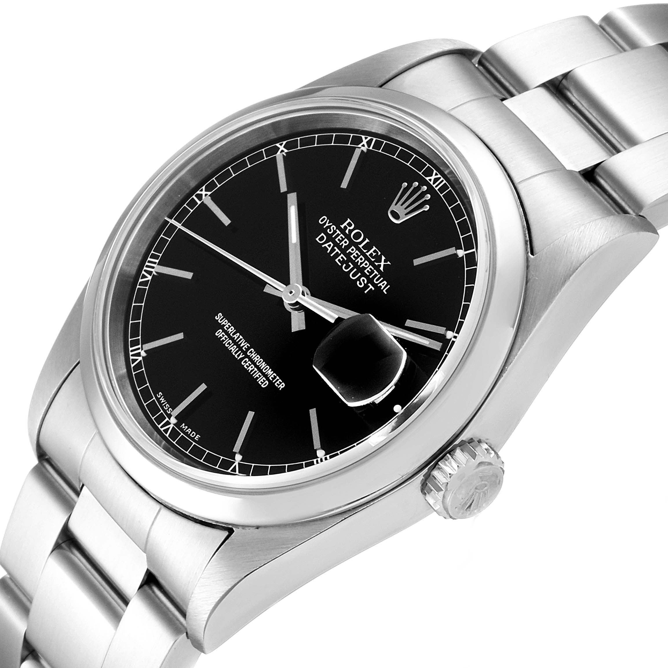 This image shows the Rolex Datejust 16200 Men's Stainless Steel Black Dial 16200 Men's Stainless Steel Black Dial watch at a slight angle, highlighting the watch face, bezel, and part of the bracelet.