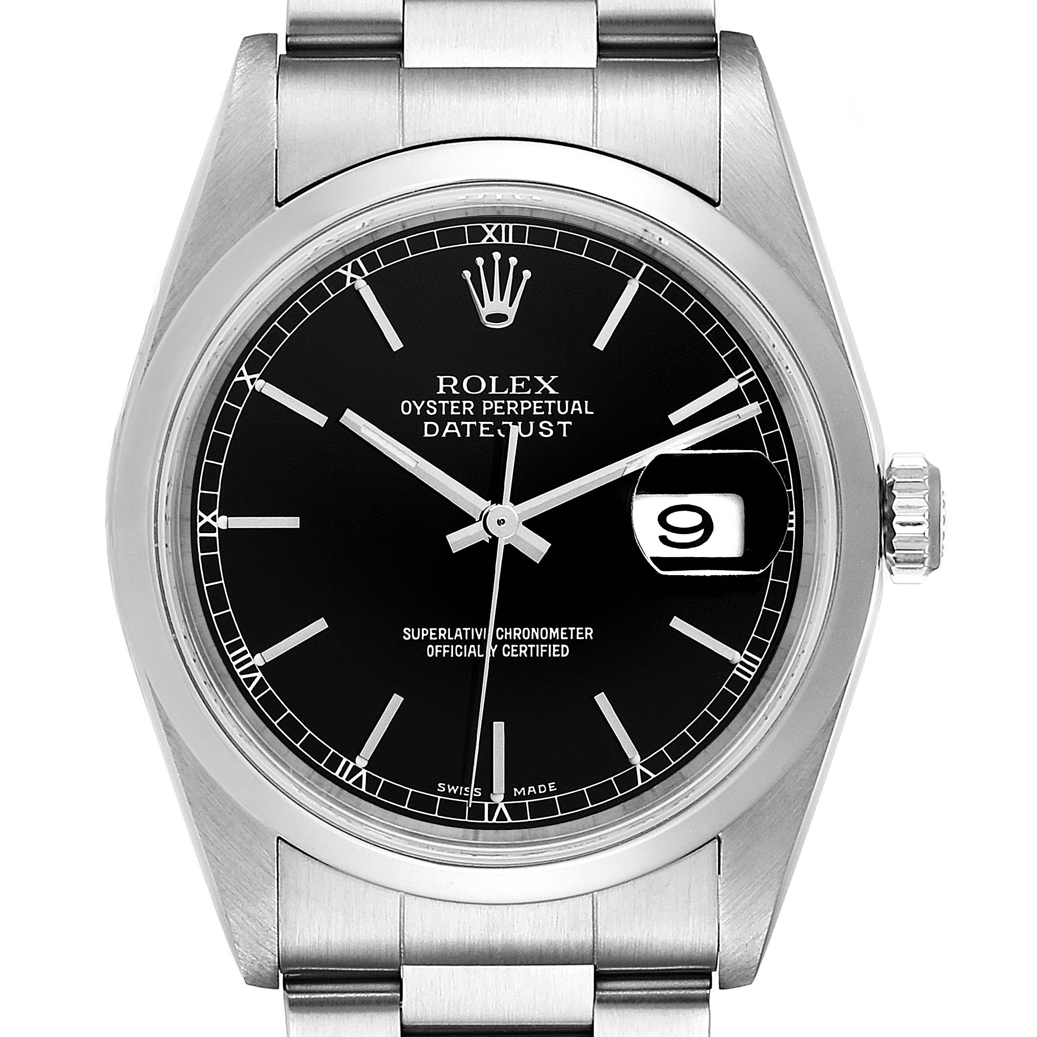 This is a close-up image of the Rolex Datejust 16200 Men's Stainless Steel Black Dial 16200 Men's Stainless Steel Black Dial watch showing the dial, case, crown, and part of the bracelet.