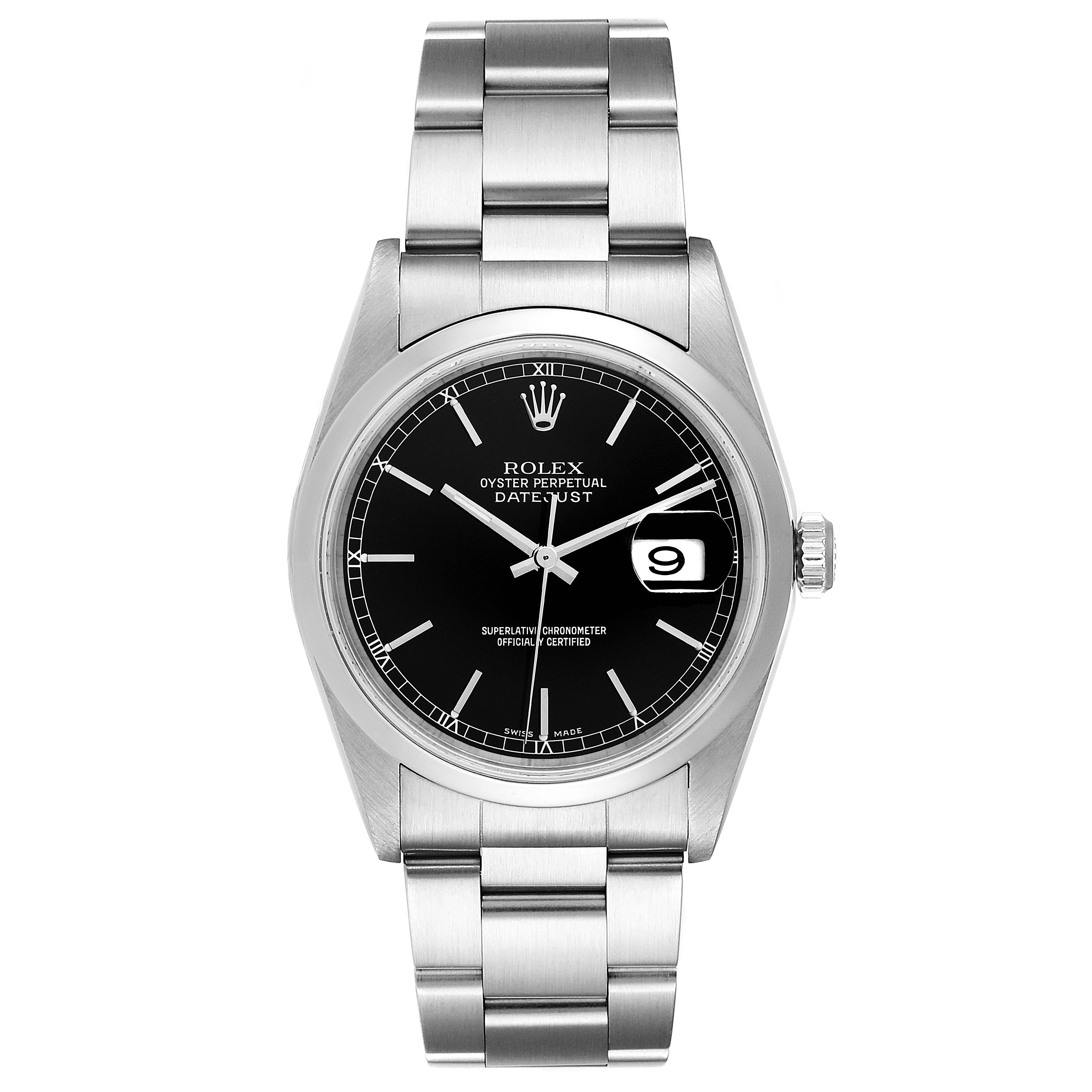The image displays a frontal view of a Rolex Datejust 16200 Men's Stainless Steel Black Dial 16200 Men's Stainless Steel Black Dial watch, showcasing its dial, bezel, case, and bracelet.