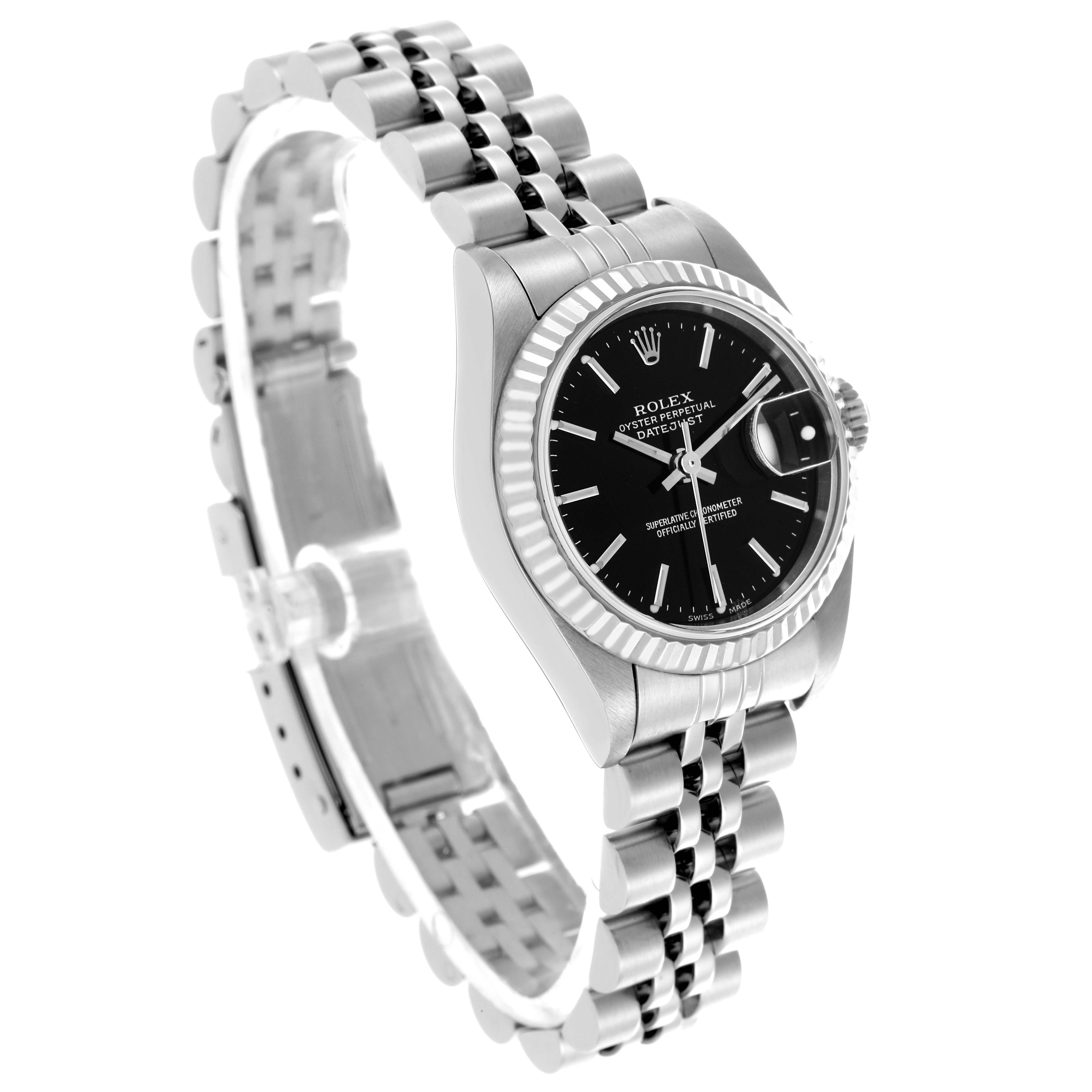 The Rolex Datejust 79174 Women
s Stainless Steel Black Dial 79174 Women
s Stainless Steel Black Dial watch is shown at an angled side view, highlighting the dial, bracelet, and fluted bezel.