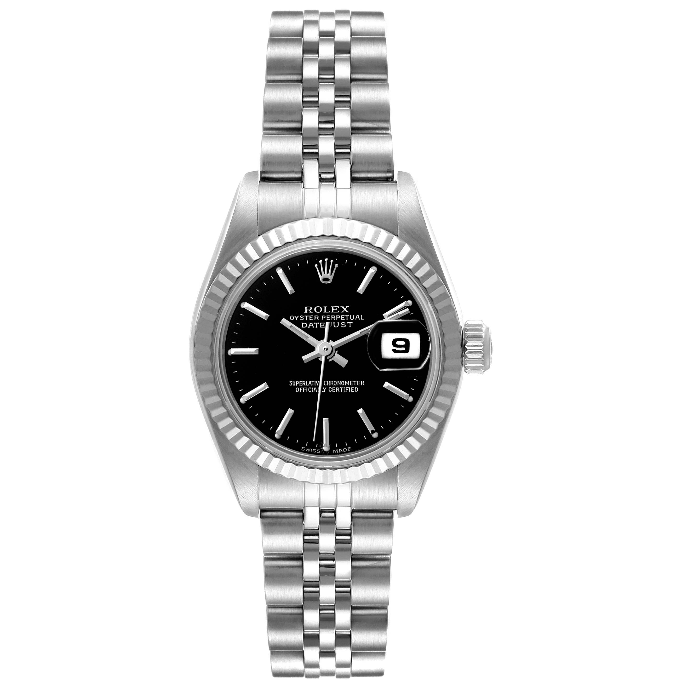 The Rolex Datejust 79174 Women
s Stainless Steel Black Dial 79174 Women
s Stainless Steel Black Dial is shown from a front angle, displaying the dial, bezel, and bracelet.