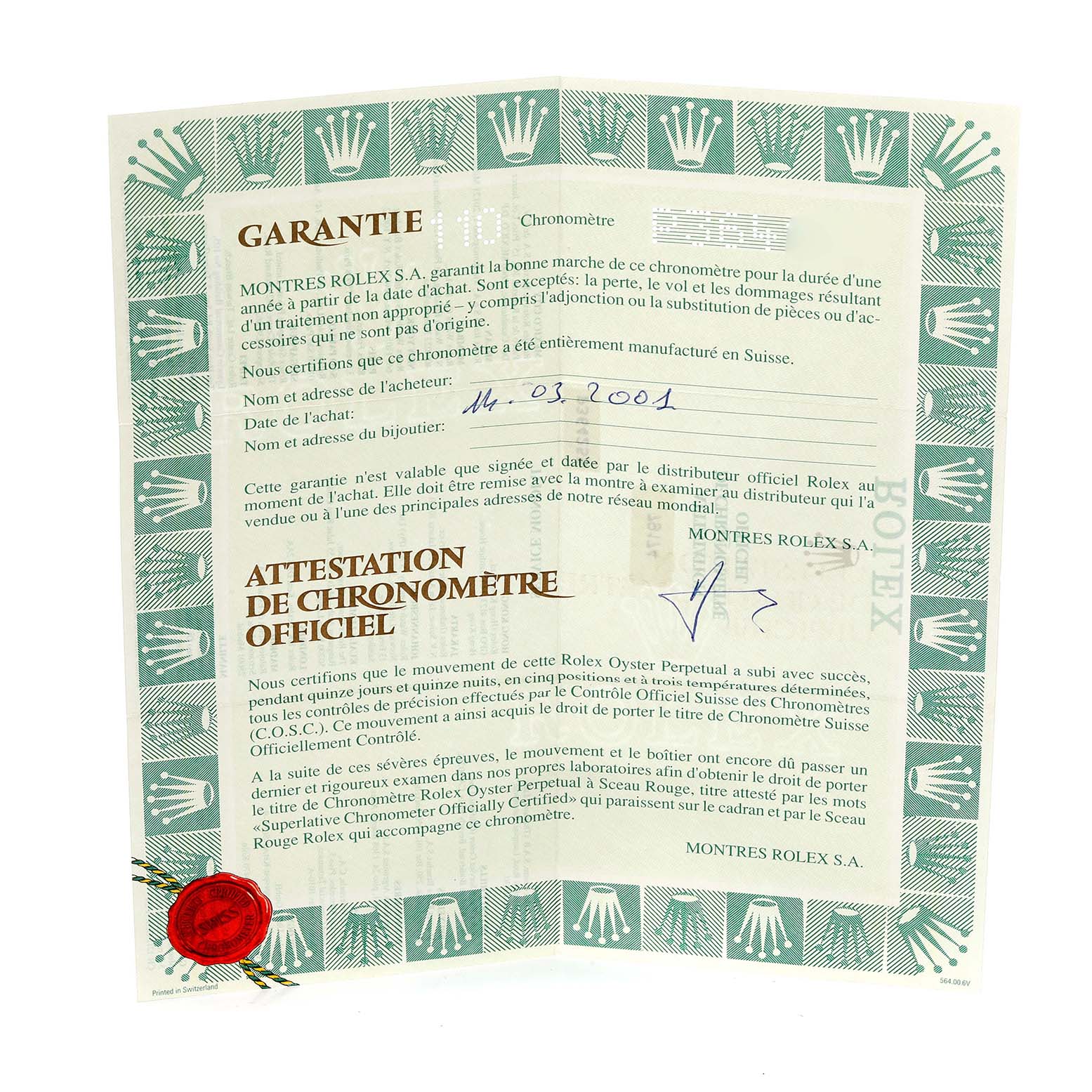 The image shows the warranty certificate for the Rolex Datejust 79174 Women
s Stainless Steel Black Dial 79174 Women
s Stainless Steel Black Dial watch.