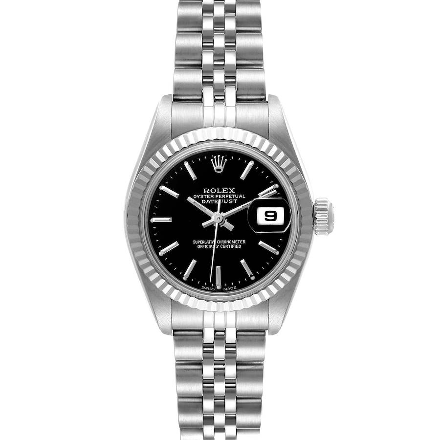 The Rolex Datejust watch is shown from the front, displaying the dial, bezel, bracelet, and crown.