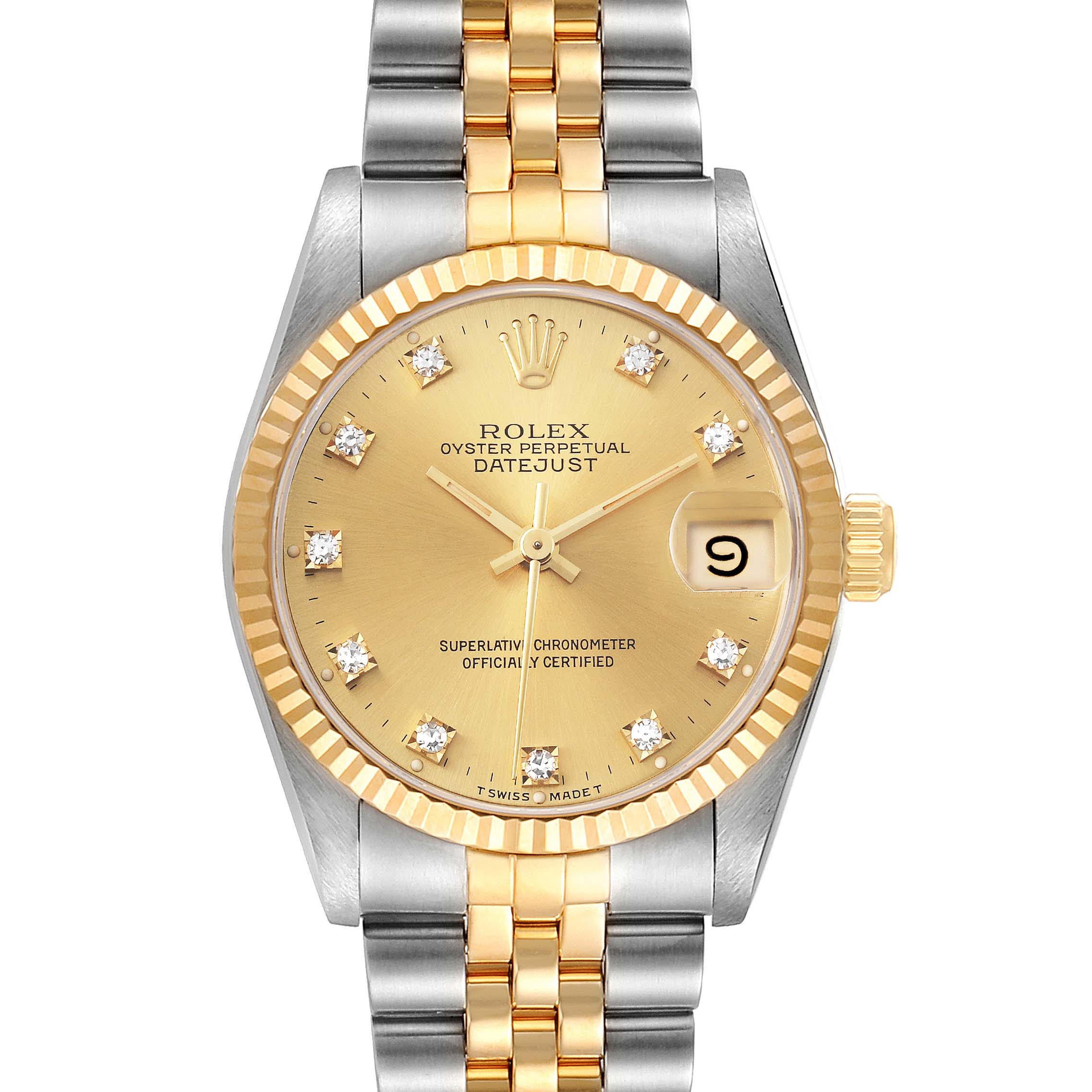 This Rolex Mid-Size 68273 Women
s Steel and Gold (two tone) Champagne Dial 68273 Women
s Steel and Gold (two tone) Champagne Dial Datejust watch is shown from a front angle, revealing its face, bezel, and two-tone bracelet.