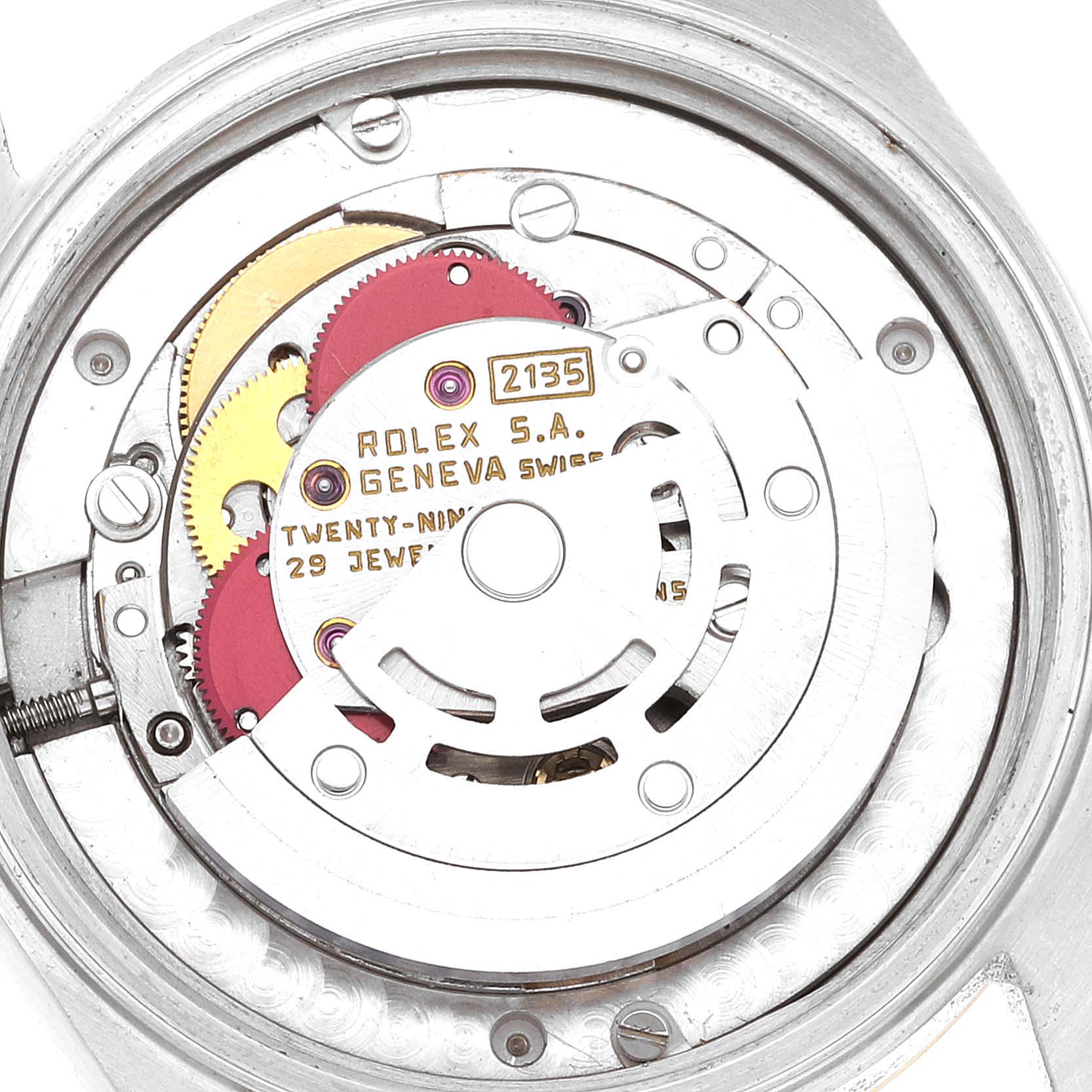 This image shows a close-up view of the movement mechanism inside a Rolex Mid-Size 68273 Women
s Steel and Gold (two tone) Champagne Dial 68273 Women
s Steel and Gold (two tone) Champagne Dial model watch.