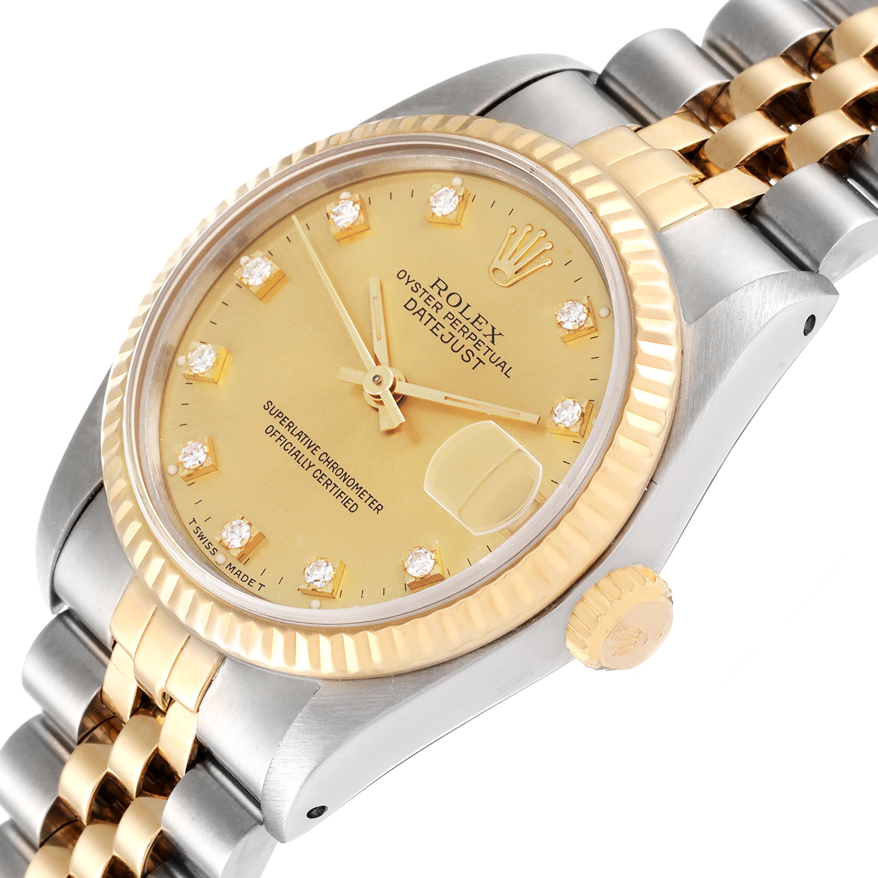 This image shows a close-up, angled view of the dial and crown of the Rolex Mid-Size 68273 Women
s Steel and Gold (two tone) Champagne Dial 68273 Women
s Steel and Gold (two tone) Champagne Dial Oyster Perpetual Datejust watch.