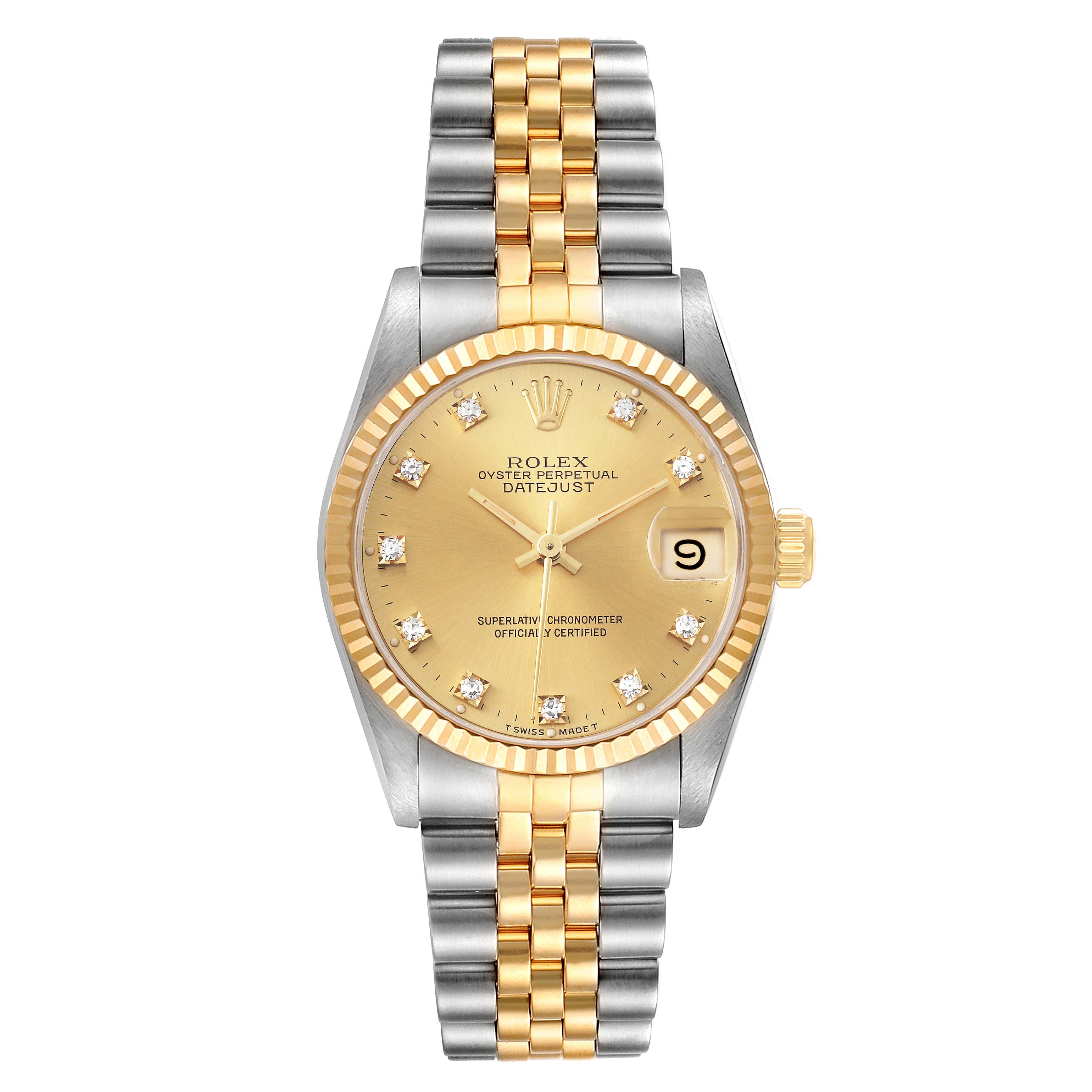 This is a front view of a mid-size Rolex Oyster Perpetual Datejust watch, featuring a gold dial, a two-tone bracelet, and a date window at 3 o
clock.