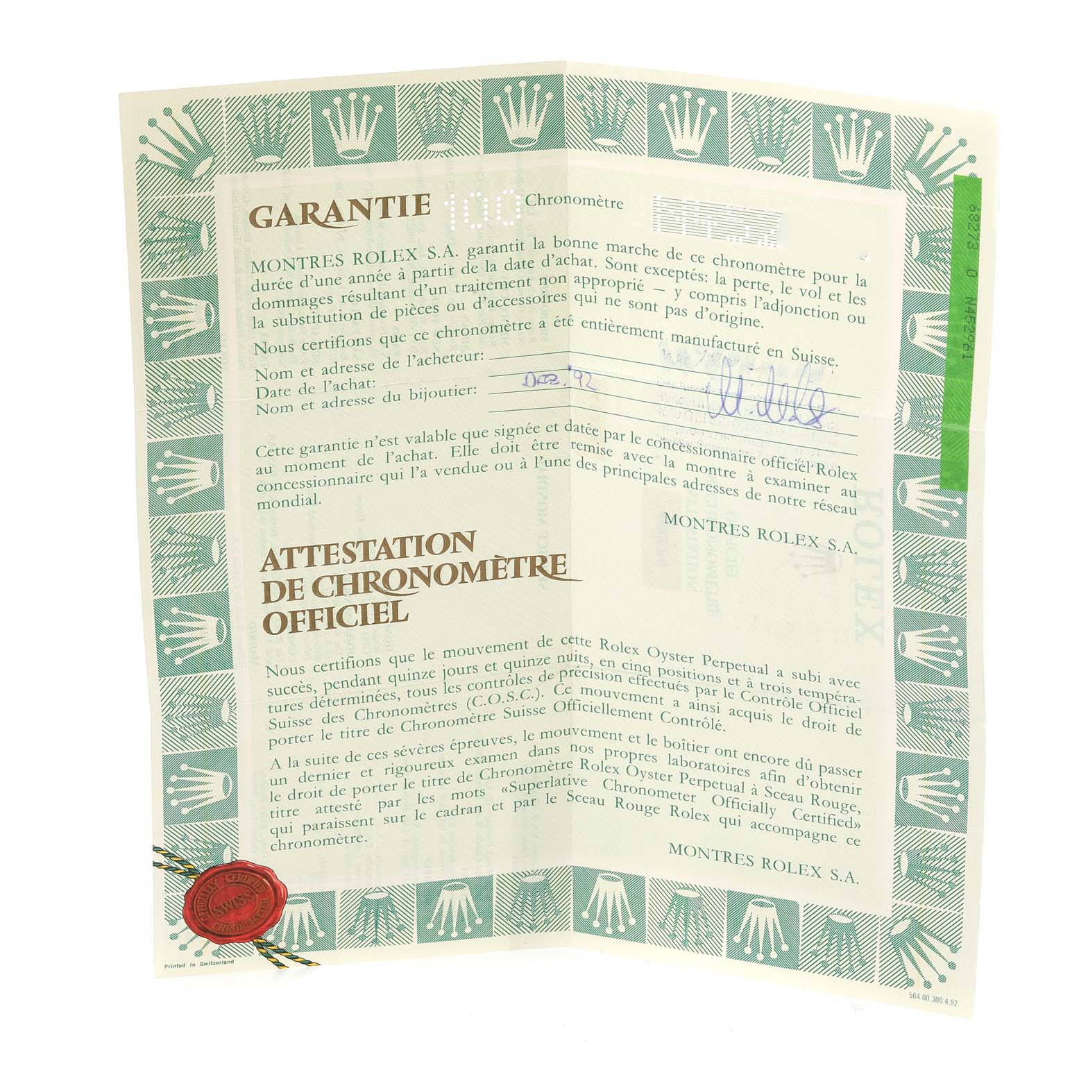 The image shows the warranty and certification paper for a Rolex Mid-Size 68273 Women
s Steel and Gold (two tone) Champagne Dial 68273 Women
s Steel and Gold (two tone) Champagne Dial model, detailing its Best Quality
ity.