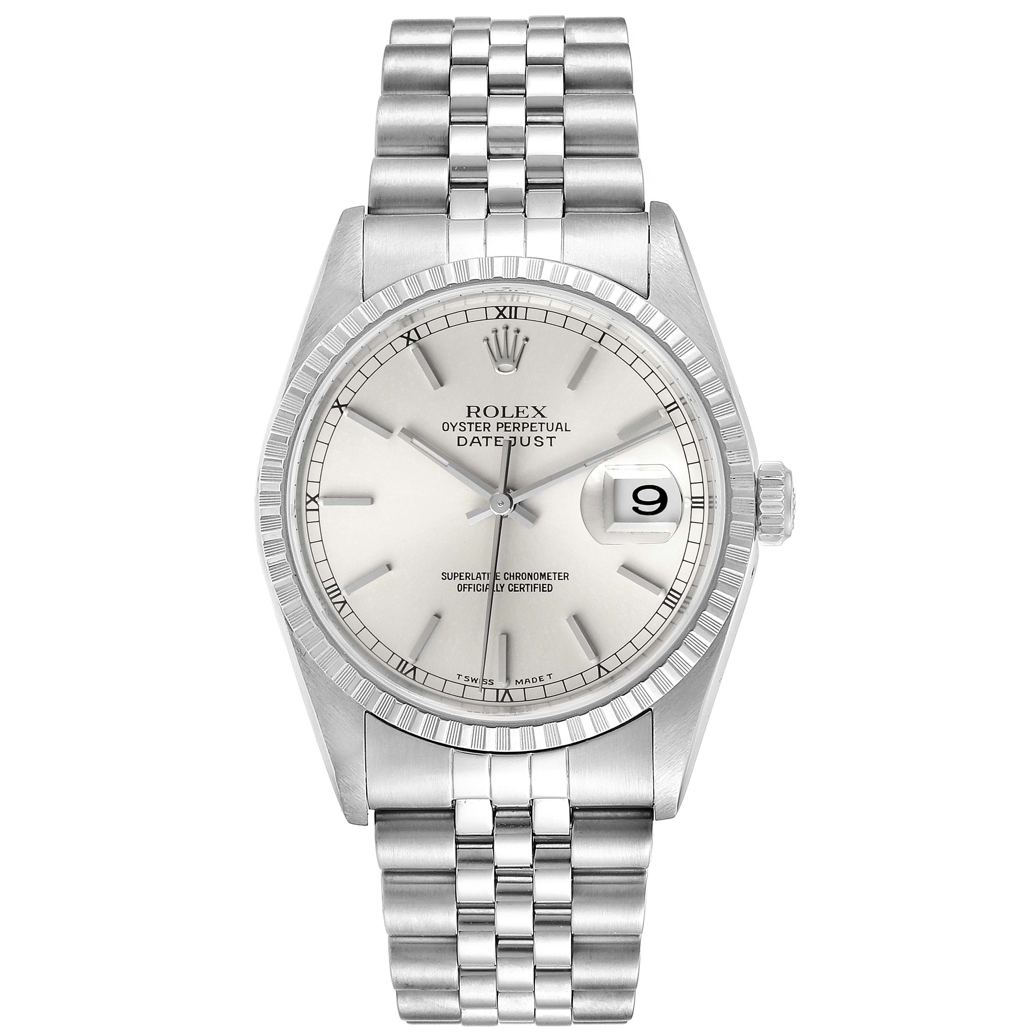This image shows a front view of a Rolex Datejust 16220 Men's Stainless Steel Silver Dial 16220 Men's Stainless Steel Silver Dial watch, highlighting the dial, bezel, crown, and bracelet.