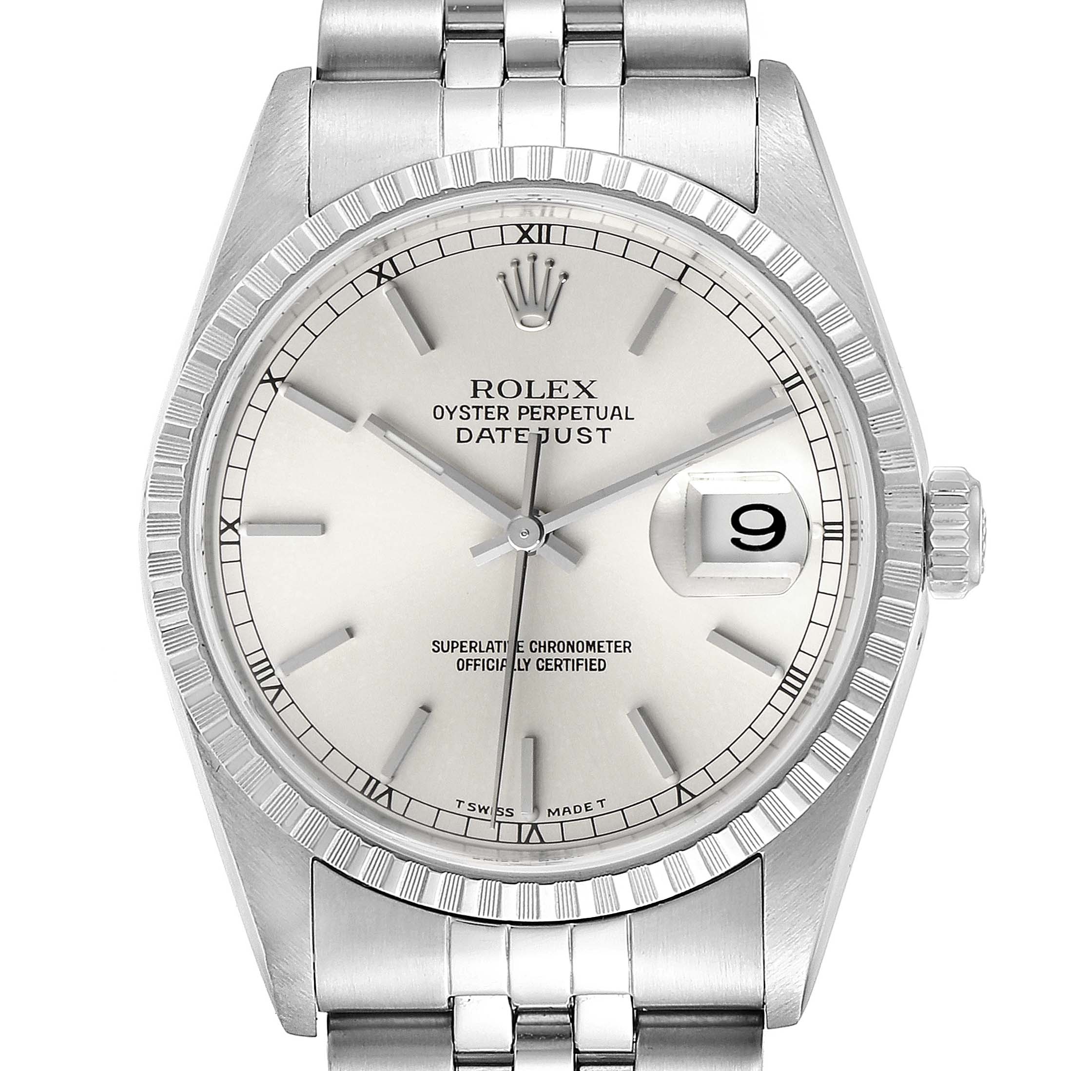 This image shows a front view of the Rolex Datejust 16220 Men's Stainless Steel Silver Dial 16220 Men's Stainless Steel Silver Dial watch, displaying its dial, bezel, crown, and part of the bracelet.