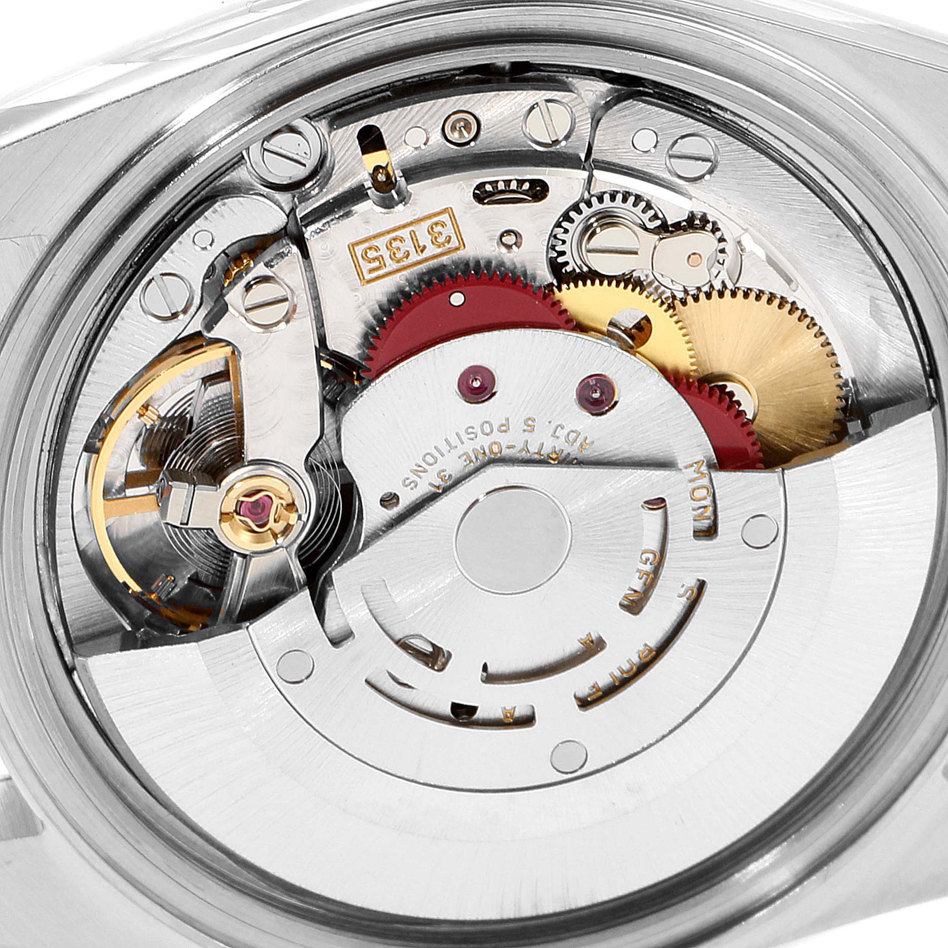 The image shows the movement and internal mechanism of a Rolex Datejust 16220 Men's Stainless Steel Silver Dial 16220 Men's Stainless Steel Silver Dial watch from a rear angle.