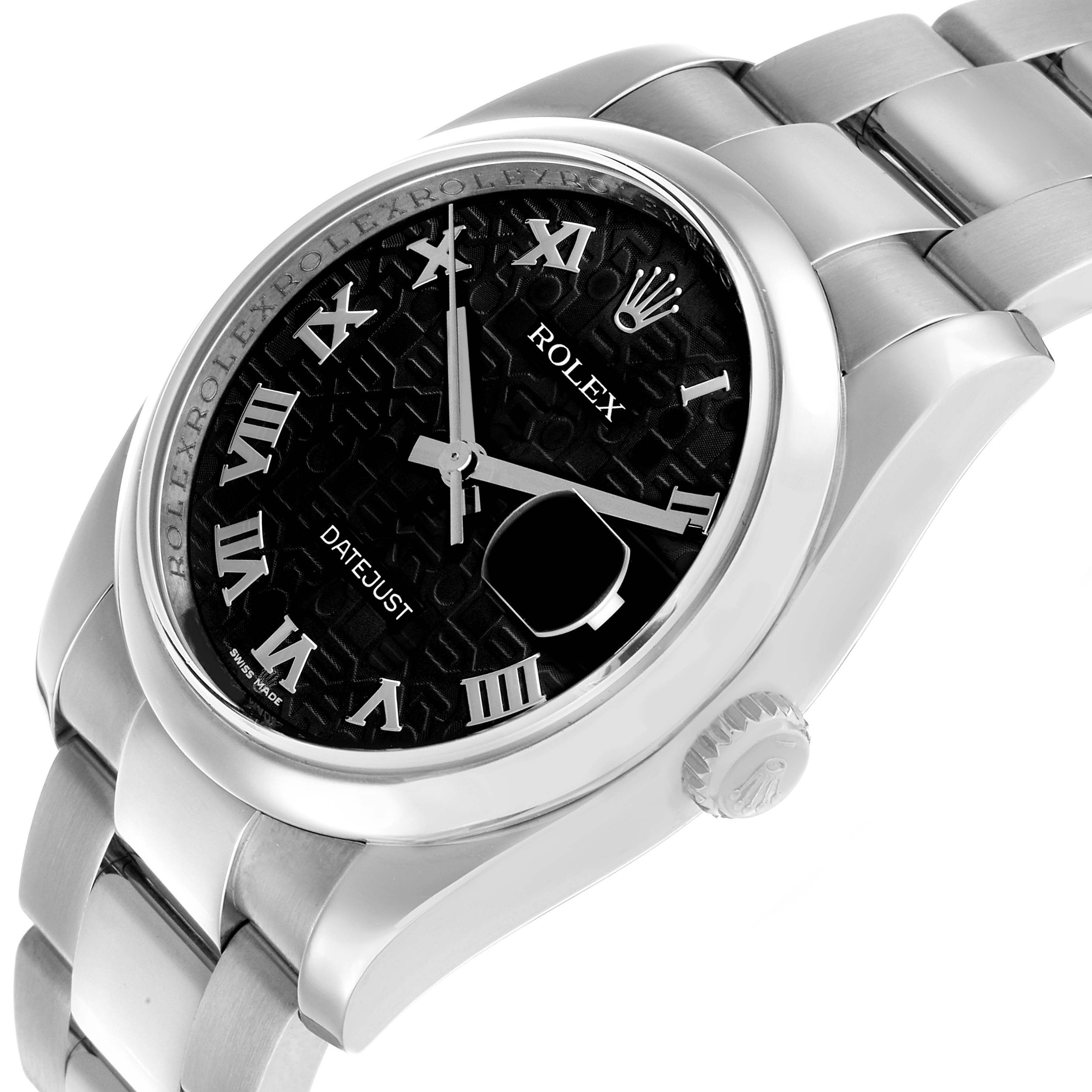 The Rolex Datejust 116200 Men's Stainless Steel Black Dial watch is shown at an angled side view, highlighting the dial, bezel, crown, and part of the bracelet.
