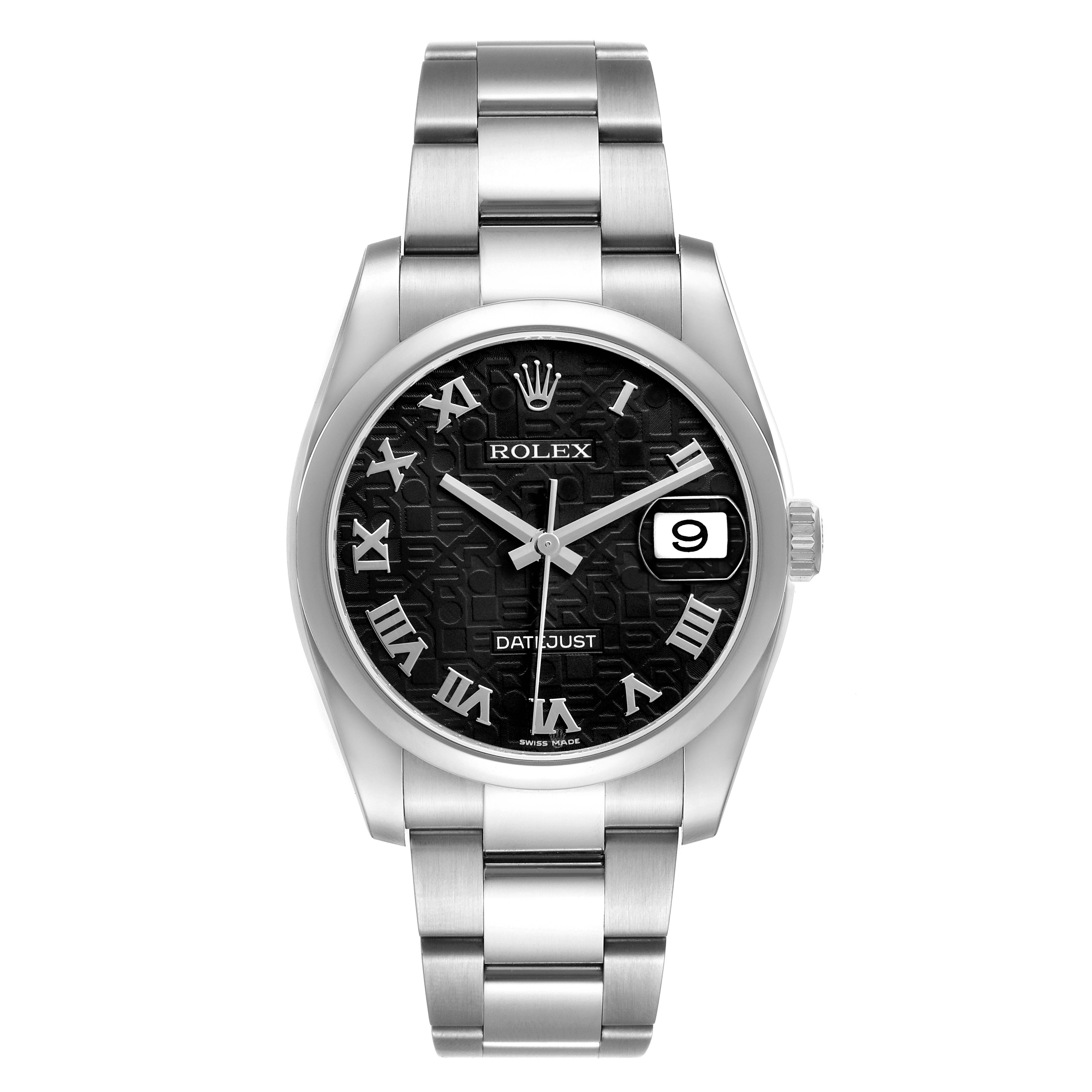 The Rolex Datejust 116200 Men's Stainless Steel Black Dial watch is shown from a front angle, displaying the dial, bracelet, and date window.