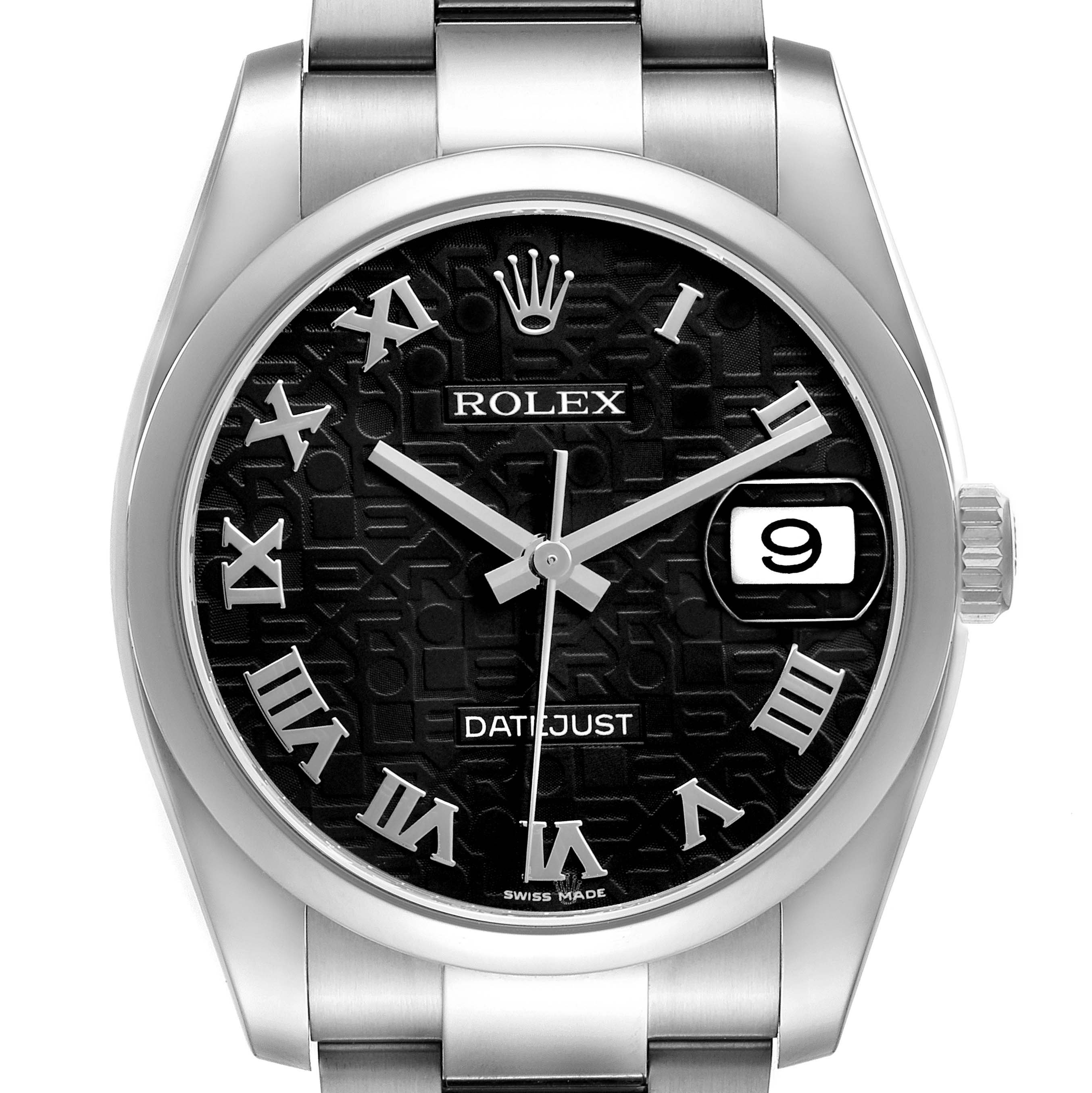 The Rolex Datejust 116200 Men's Stainless Steel Black Dial watch is shown from the front, displaying the dial, hands, Roman numerals, date window, and part of the bracelet.