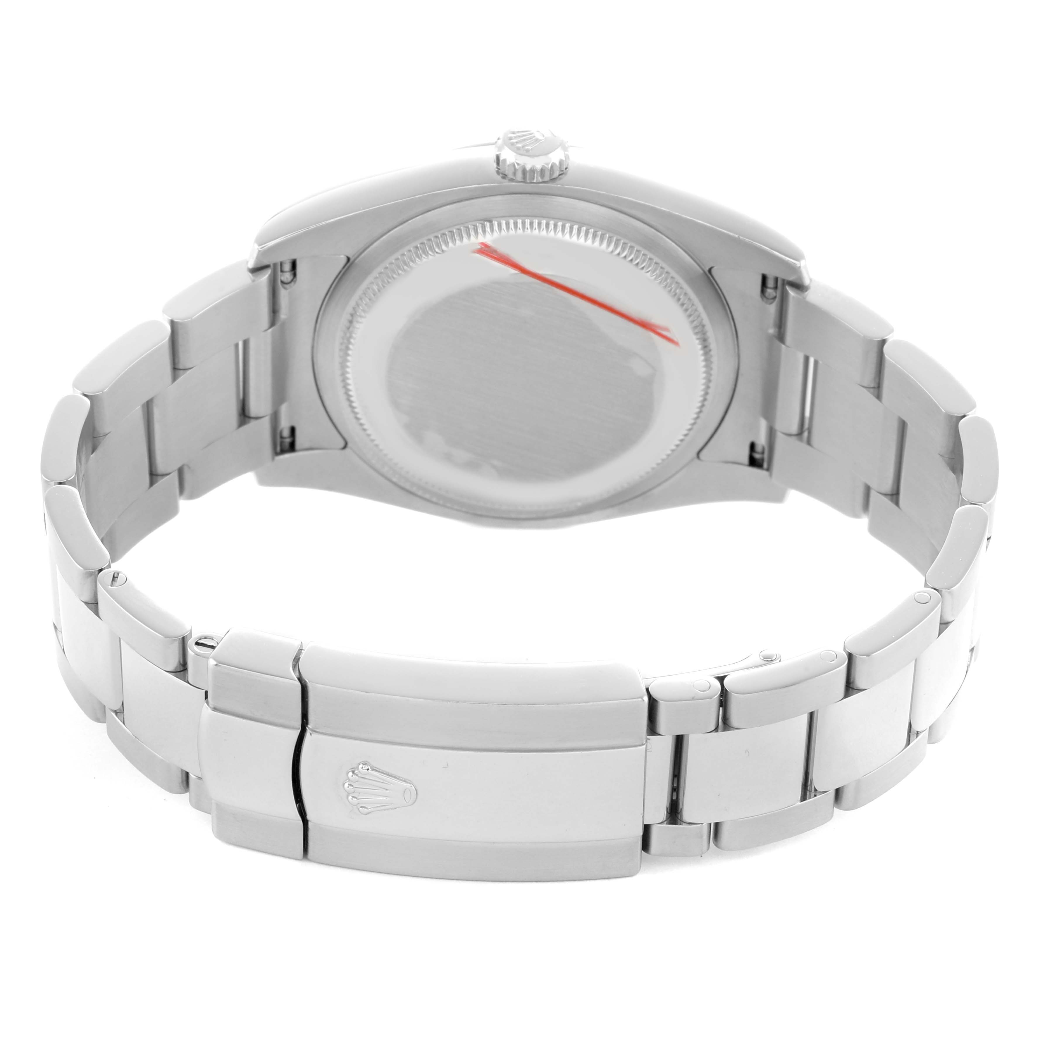 The image shows the back of a Rolex Datejust 116200 Men's Stainless Steel Black Dial watch, including its case, links, and clasp.