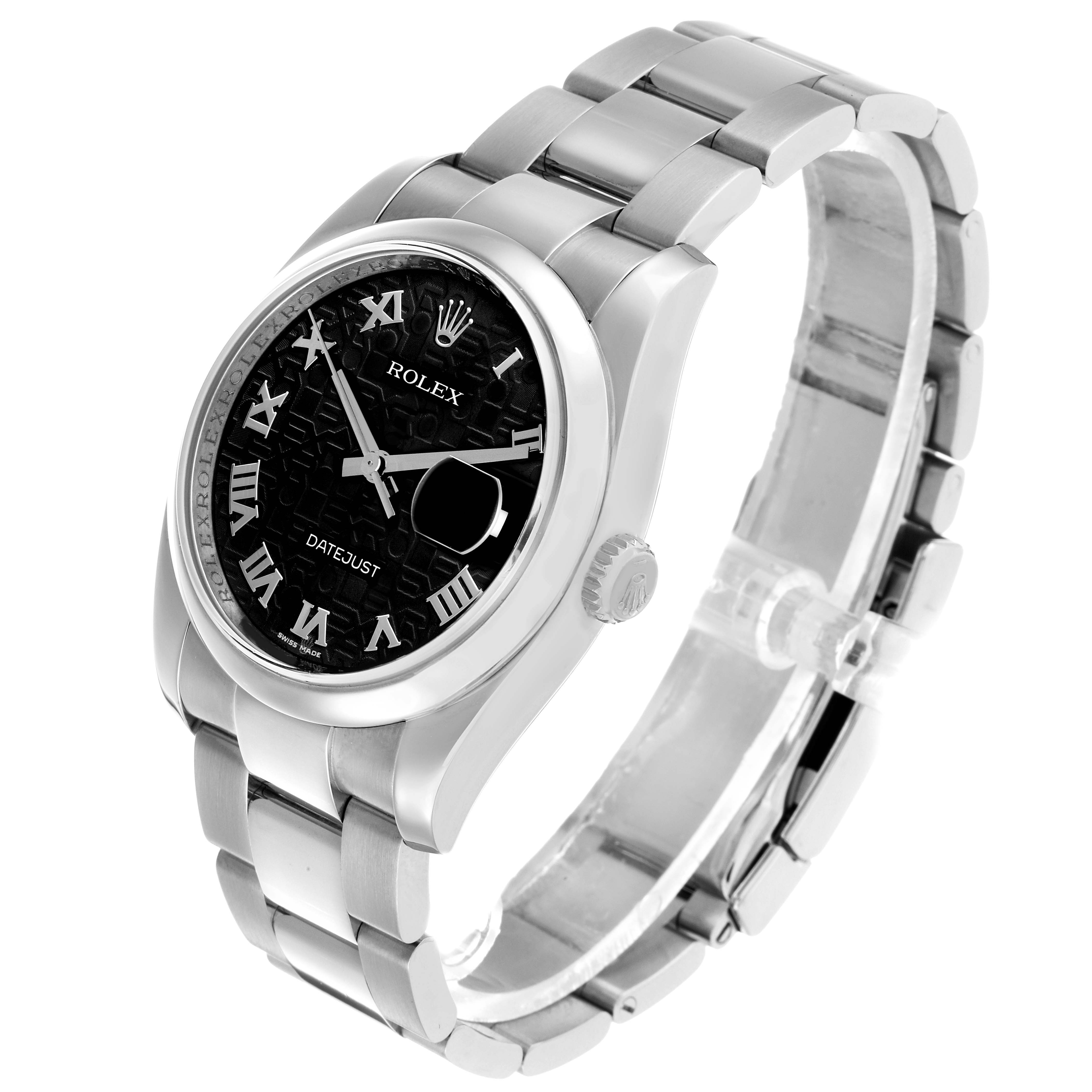 The Rolex Datejust 116200 Men's Stainless Steel Black Dial watch is shown at a three-quarter angle, featuring the dial, bezel, case, bracelet, and crown.