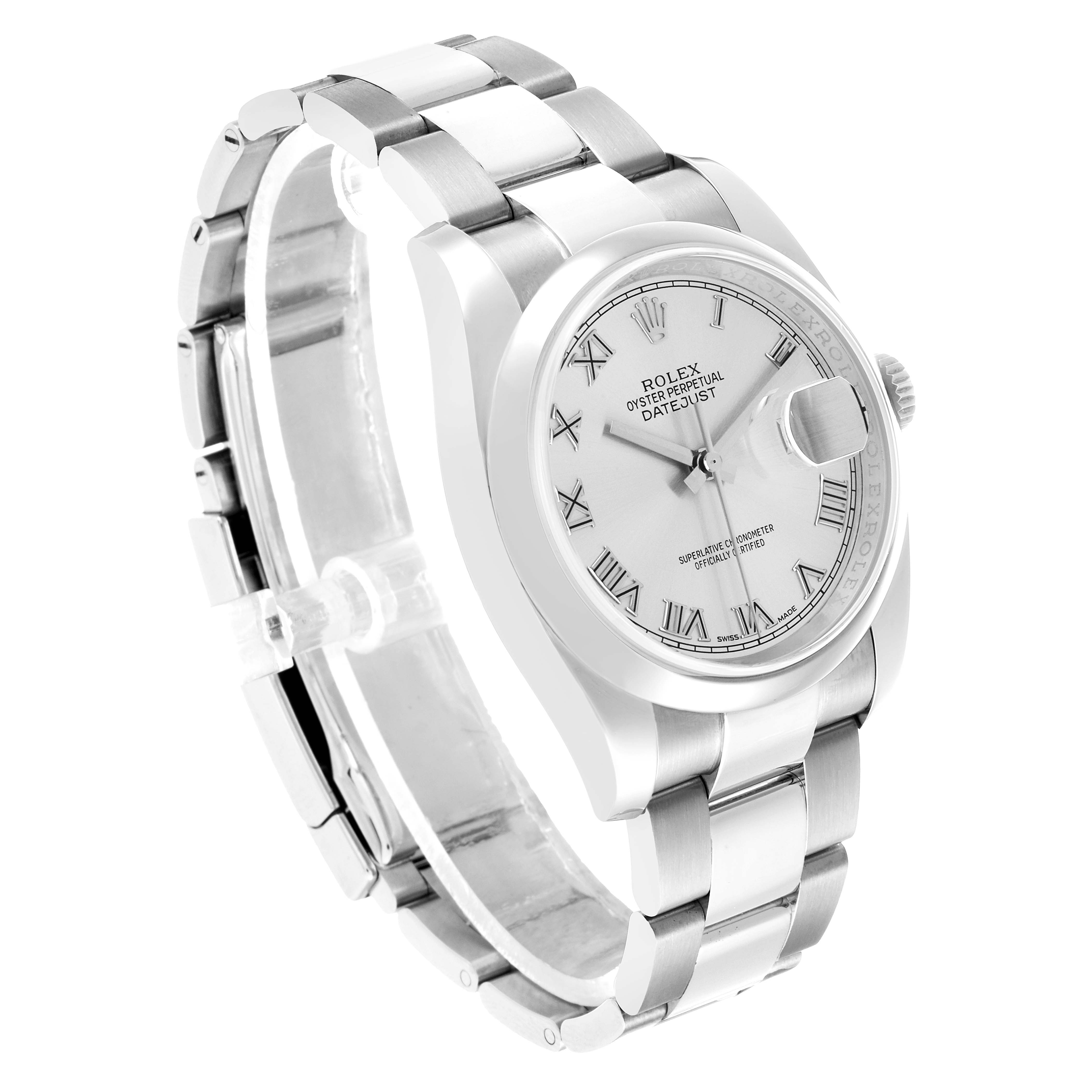 The Rolex Datejust 116200 Men's Stainless Steel Silver Dial watch is shown from a three-quarter angle, highlighting the dial, bezel, and bracelet.