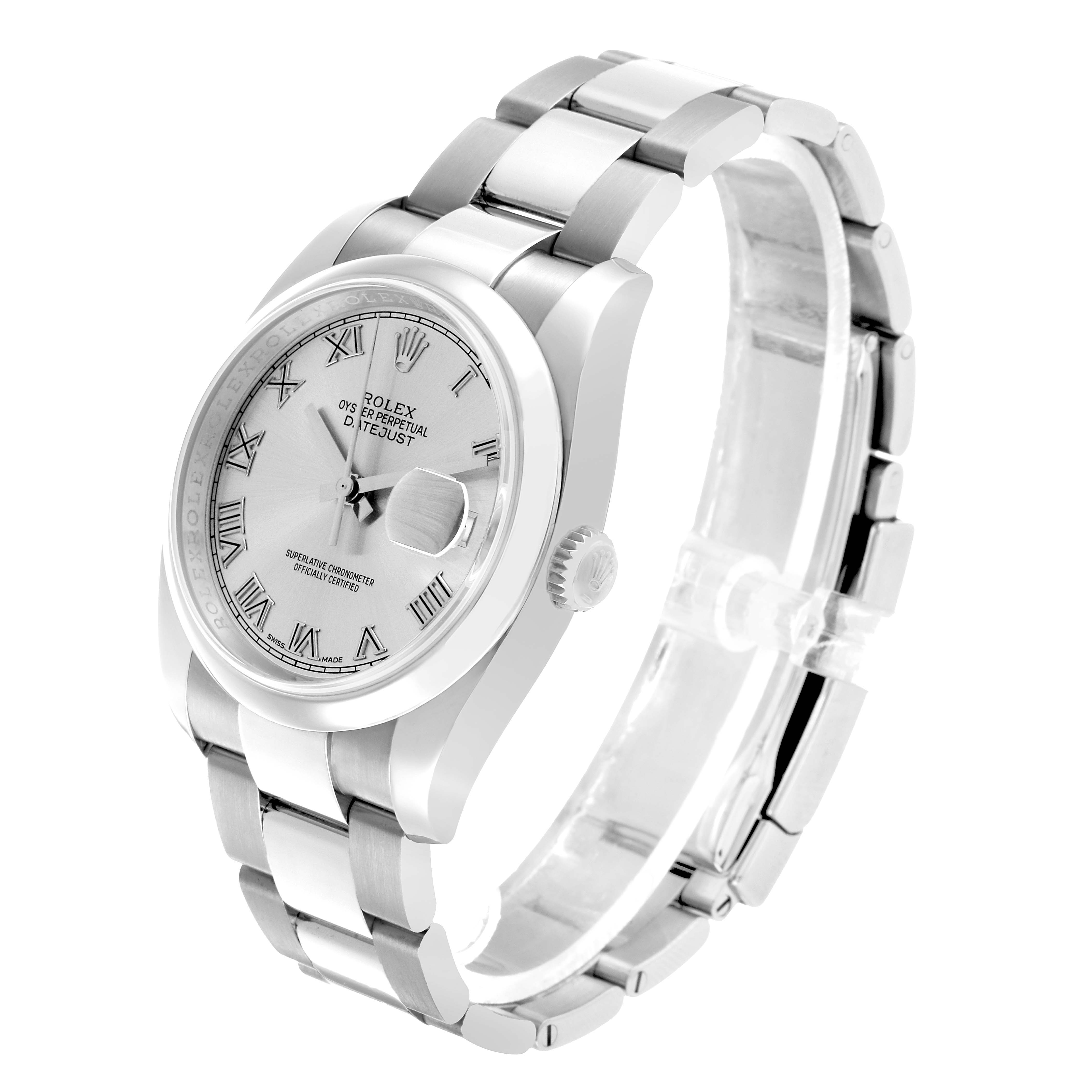 The Rolex Datejust 116200 Men's Stainless Steel Silver Dial watch is shown at a three-quarter angle, highlighting the face, band, and crown.