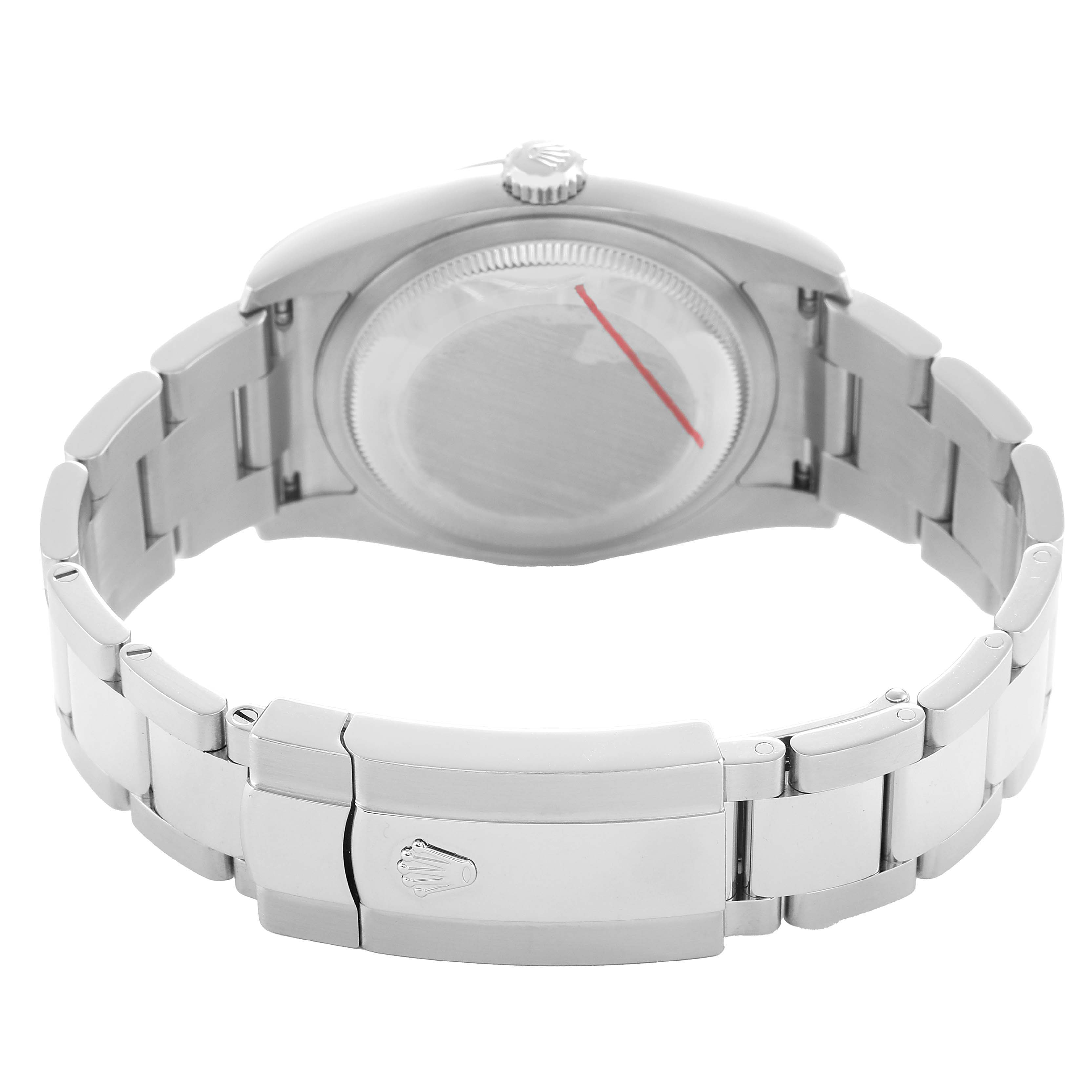 The image shows the back of a Rolex Datejust 116200 Men's Stainless Steel Silver Dial watch, highlighting the case back and the bracelet with the clasp.