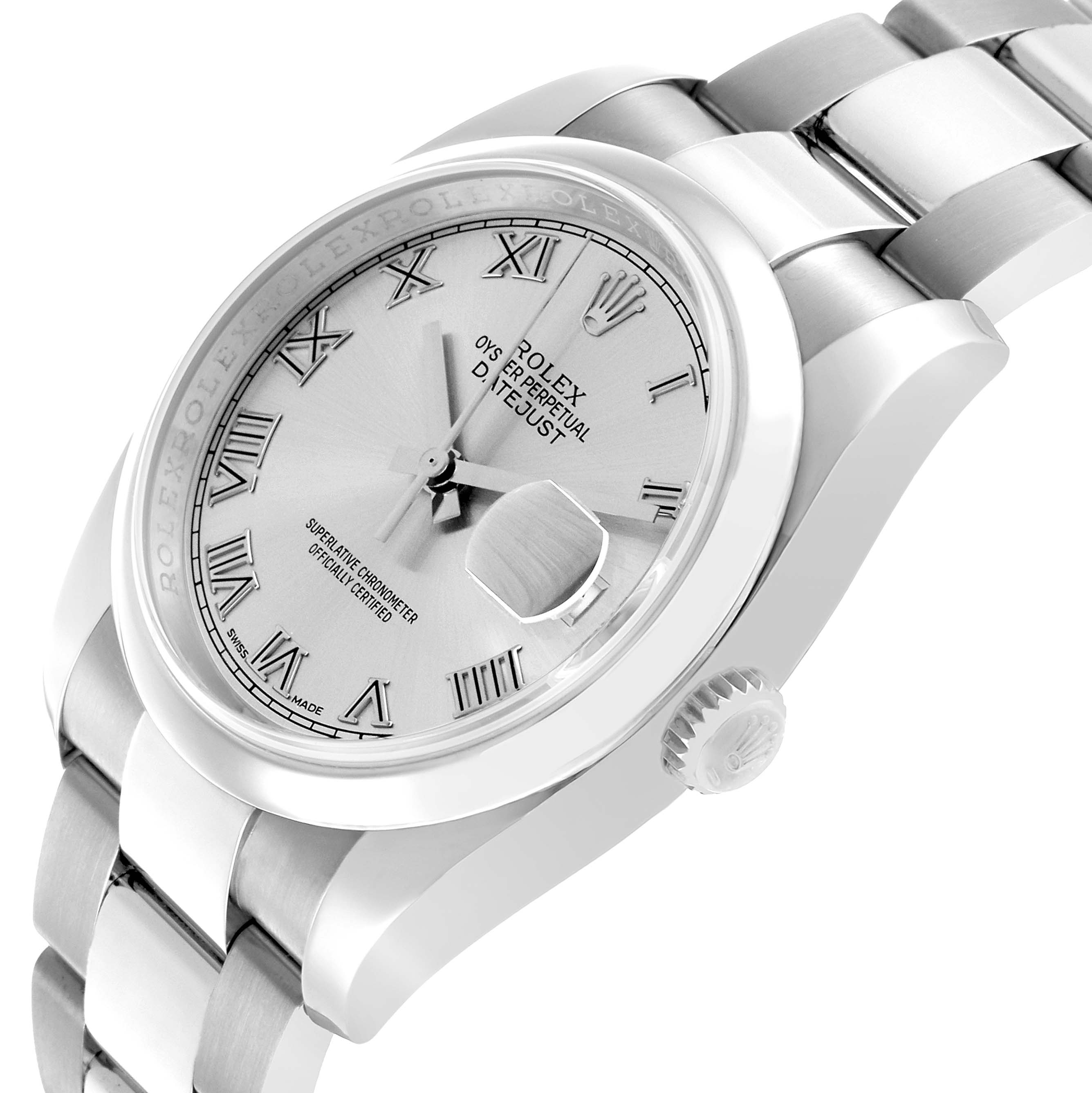 The Rolex Datejust 116200 Men's Stainless Steel Silver Dial watch is shown in a three-quarter view, highlighting the face, bezel, crown, and bracelet.