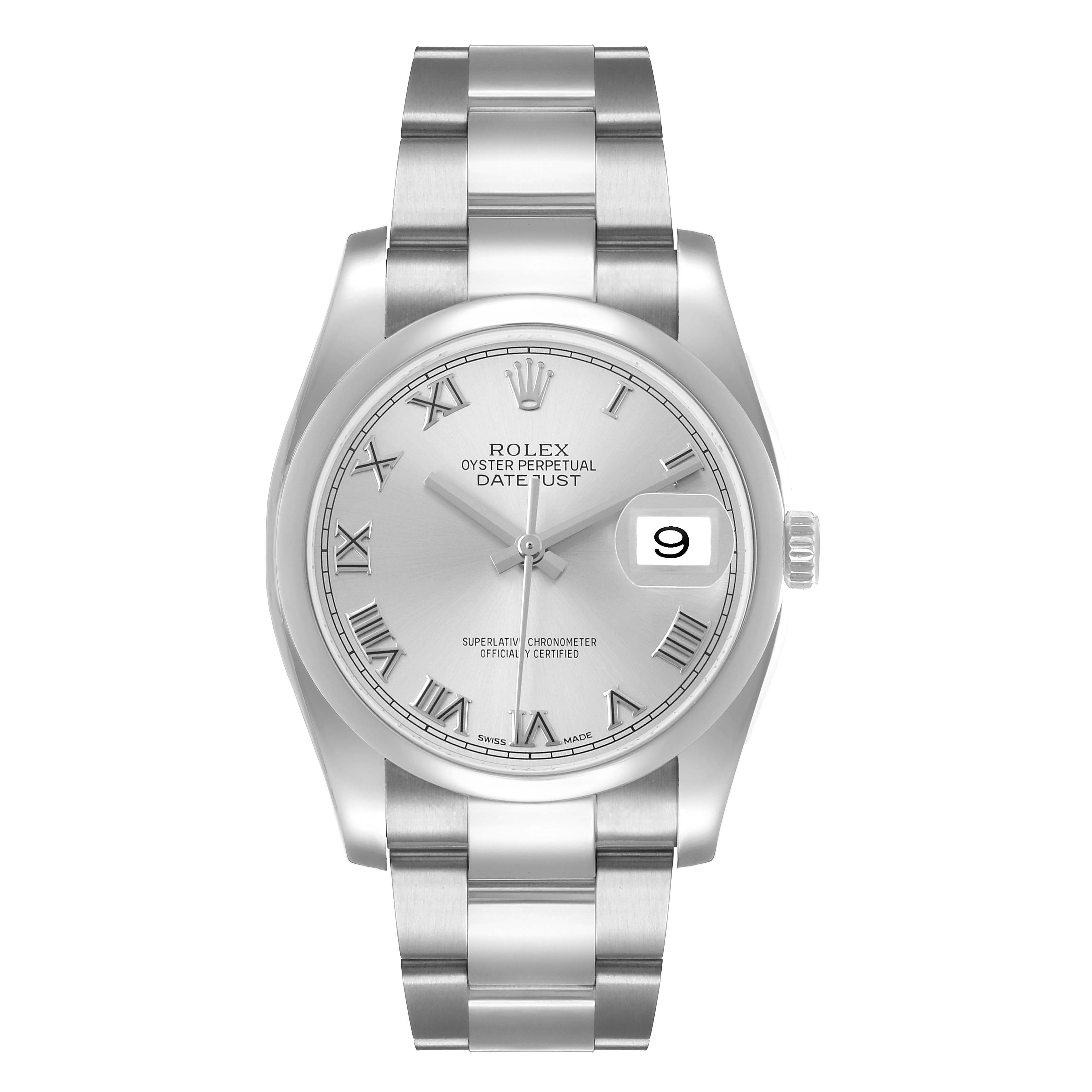 The Rolex Datejust 116200 Men's Stainless Steel Silver Dial watch is shown from a front angle displaying the dial, hands, bracelet, and date window.