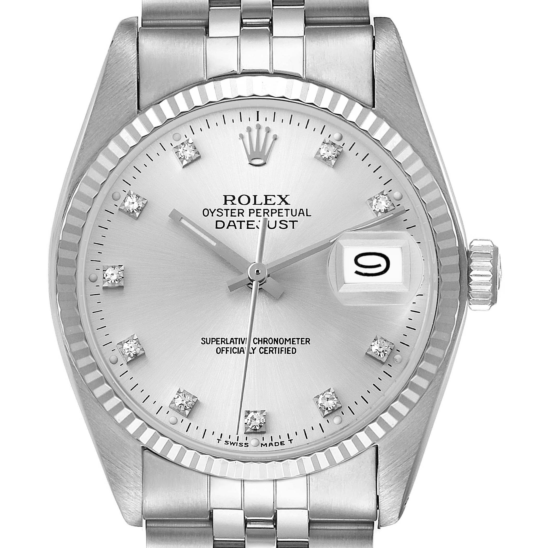 The image shows a frontal view of a Rolex Oyster Perpetual Datejust from the Vintage Collection, featuring its dial, bezel, and bracelet.