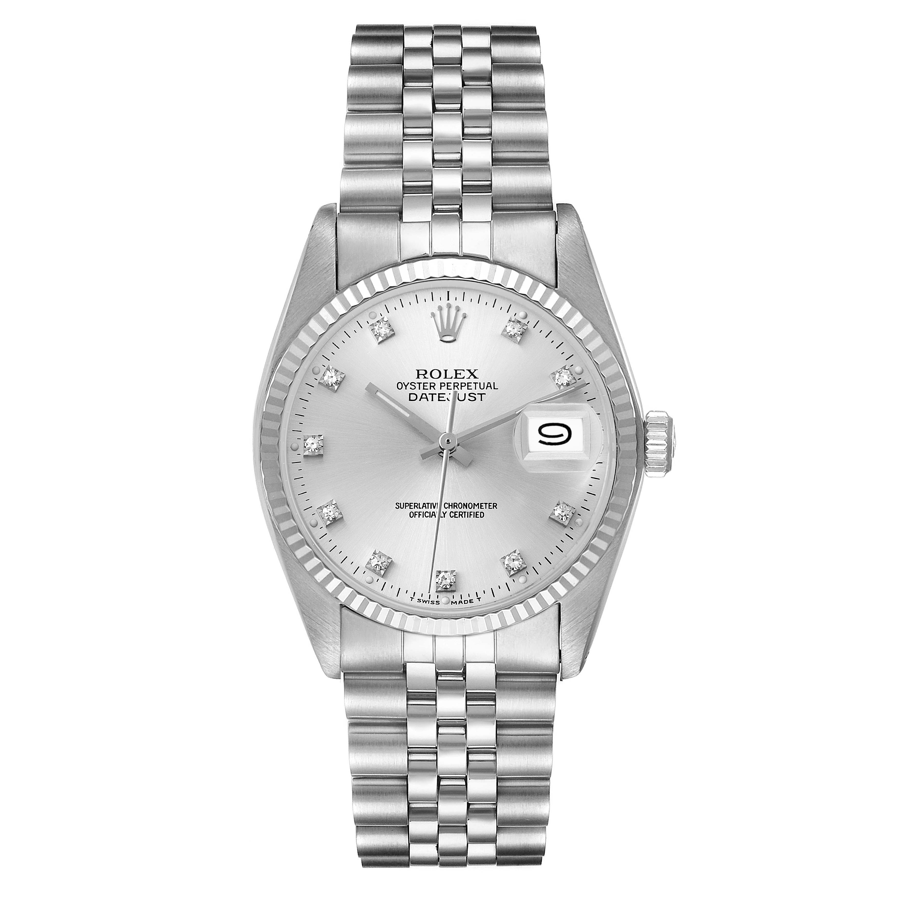 The image shows a front view of the Rolex Vintage Collection 16014 Men
s Stainless Steel Silver Dial 16014 Men
s Stainless Steel Silver Dial Datejust watch, highlighting the watch face, date window, and bracelet.