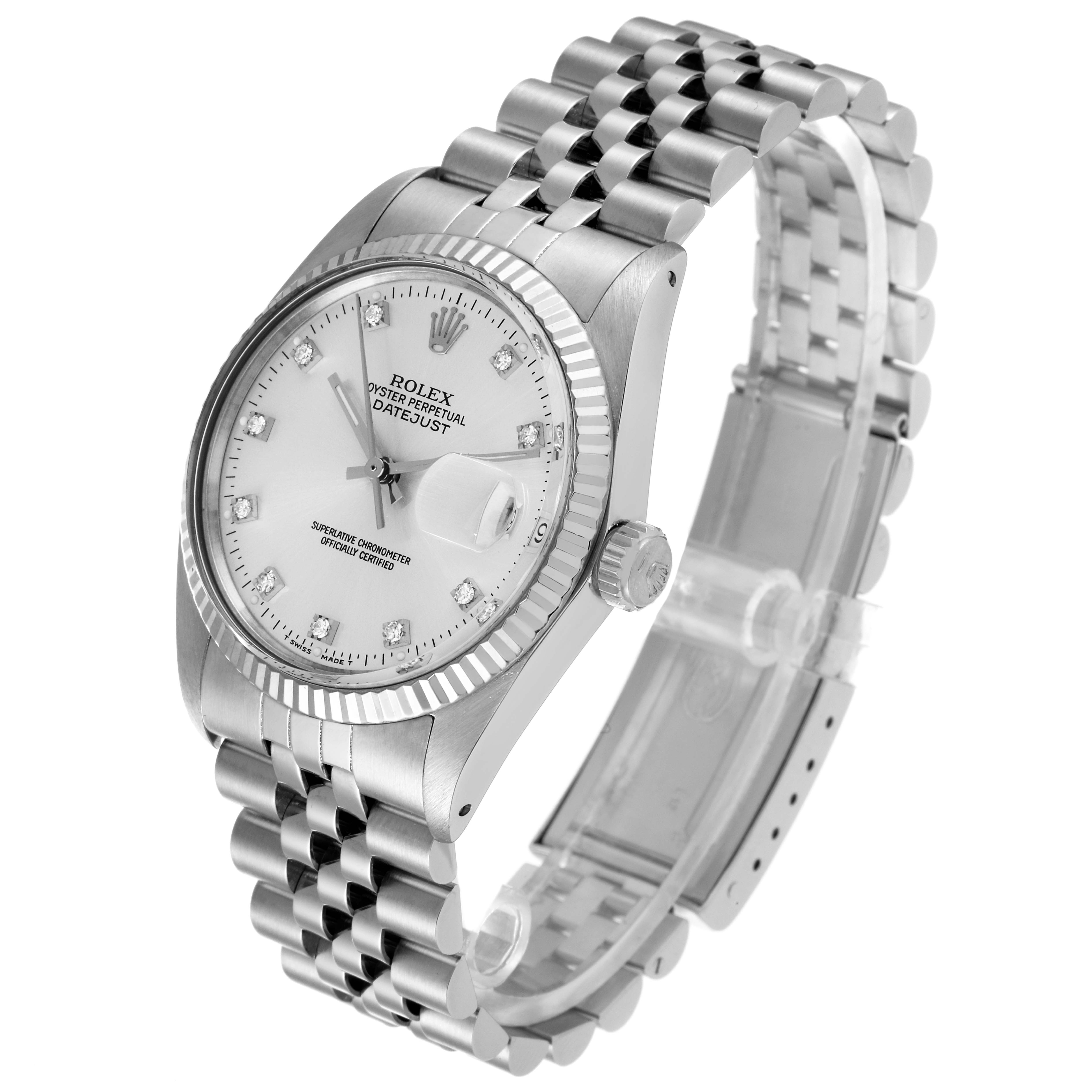 The Vintage Collection Rolex Datejust watch is shown at an angled side view, highlighting its face, bezel, and band.
