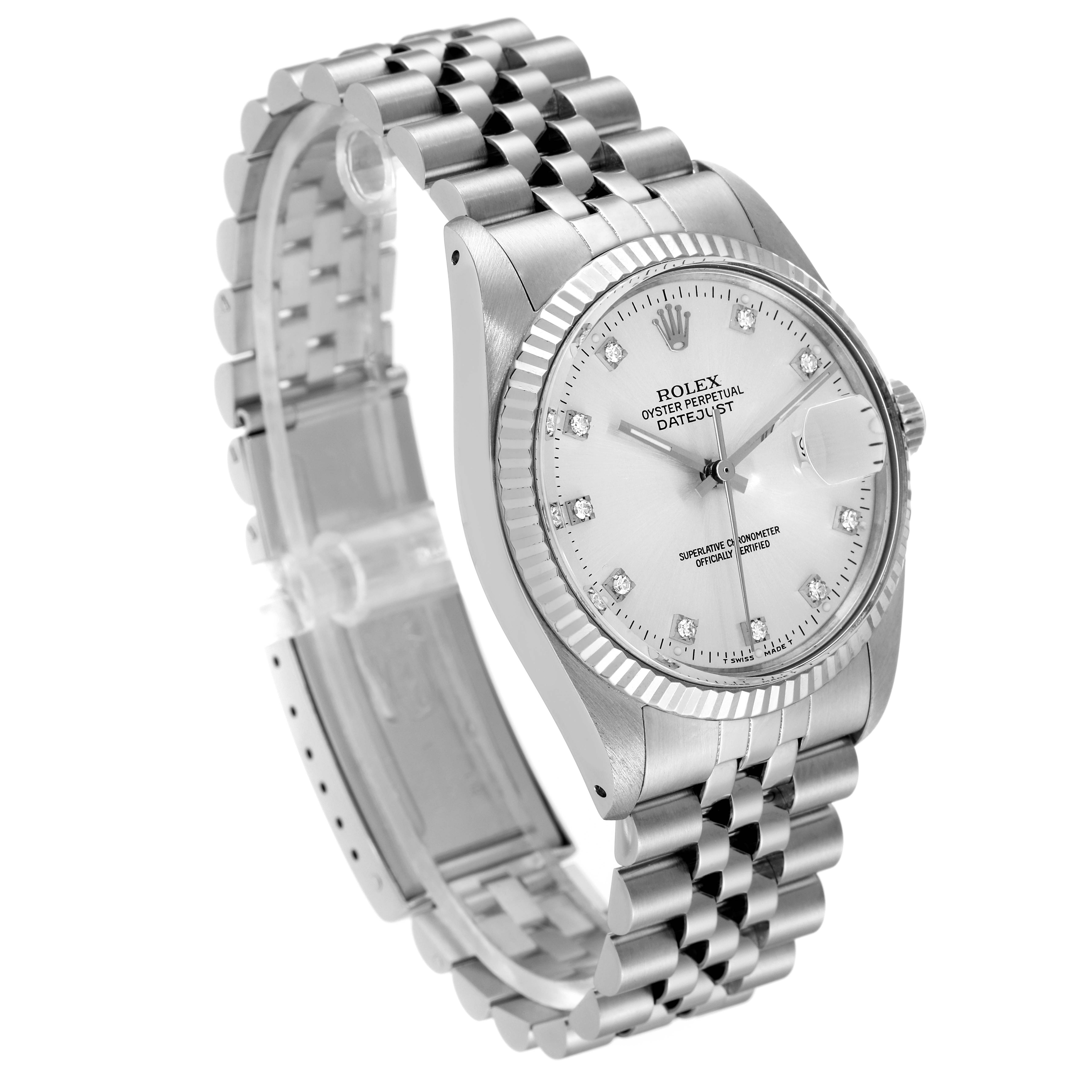 This image shows a Rolex Vintage Collection 16014 Men
s Stainless Steel Silver Dial 16014 Men
s Stainless Steel Silver Dial watch in a front-side angle, highlighting its dial, case, bezel, and bracelet.