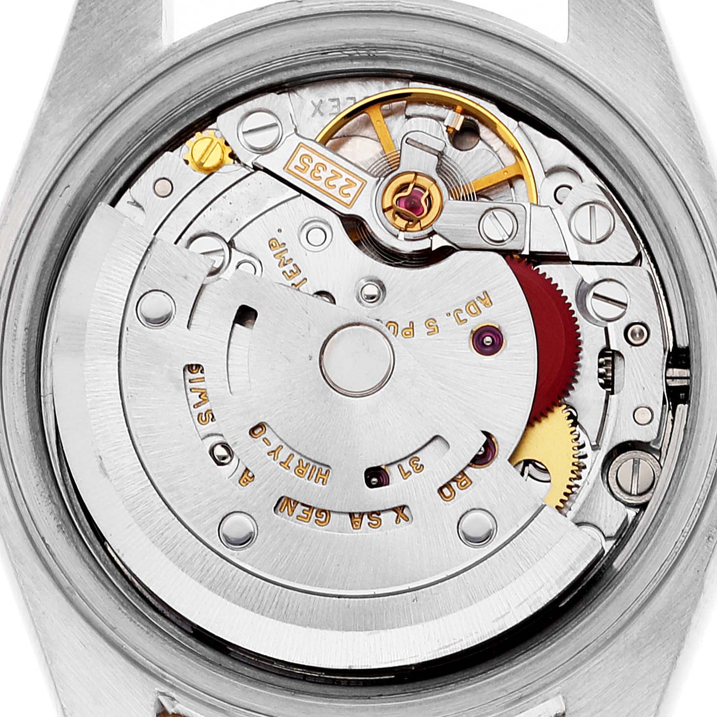 The image shows a close-up view of the movement mechanism of a Rolex Datejust 79173 Women's Steel and Gold (two tone) Champagne Dial 79173 Women's Steel and Gold (two tone) Champagne Dial watch.