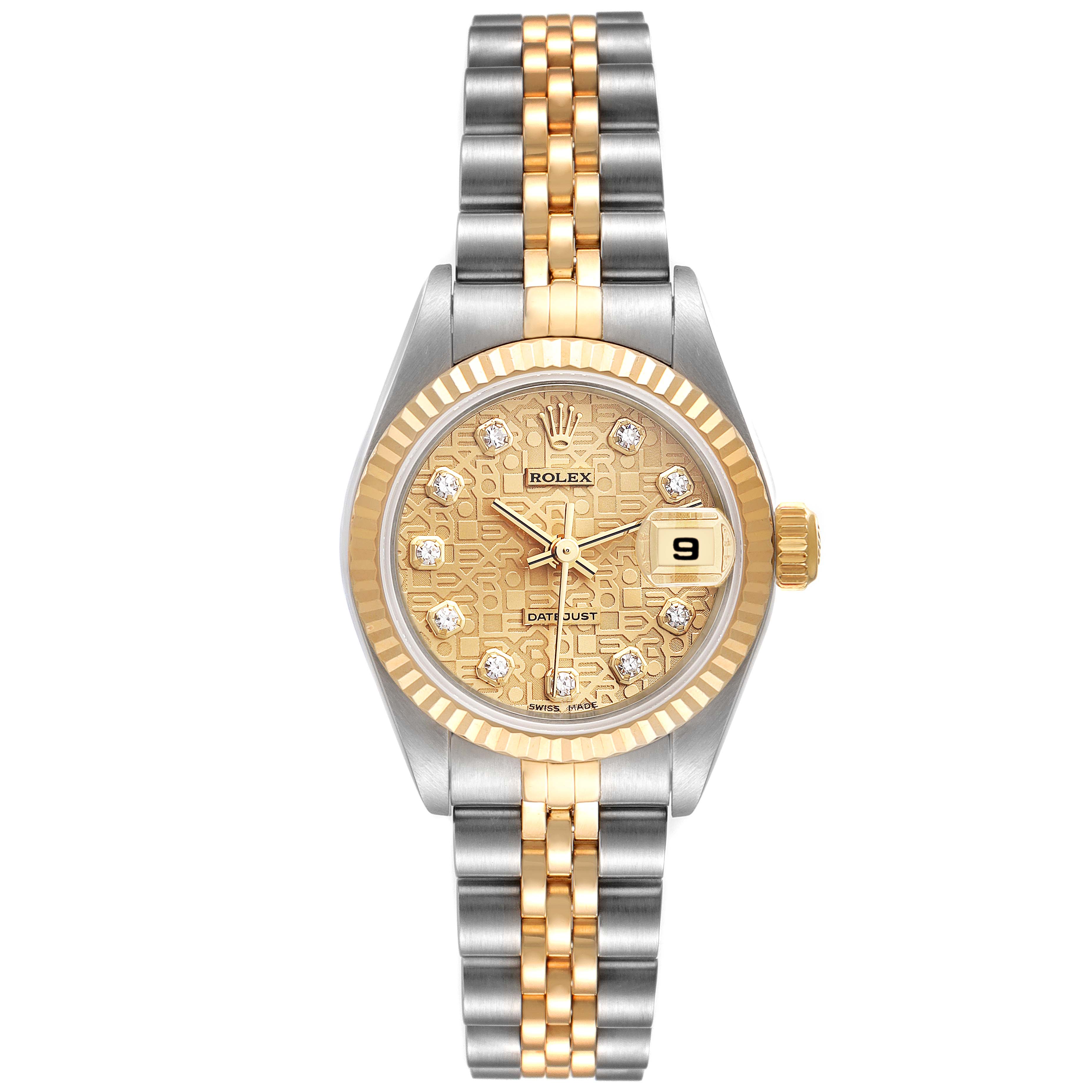 This image shows a Rolex Datejust 79173 Women's Steel and Gold (two tone) Champagne Dial 79173 Women's Steel and Gold (two tone) Champagne Dial watch from a top-down angle, highlighting its two-tone bracelet and intricately designed dial.
