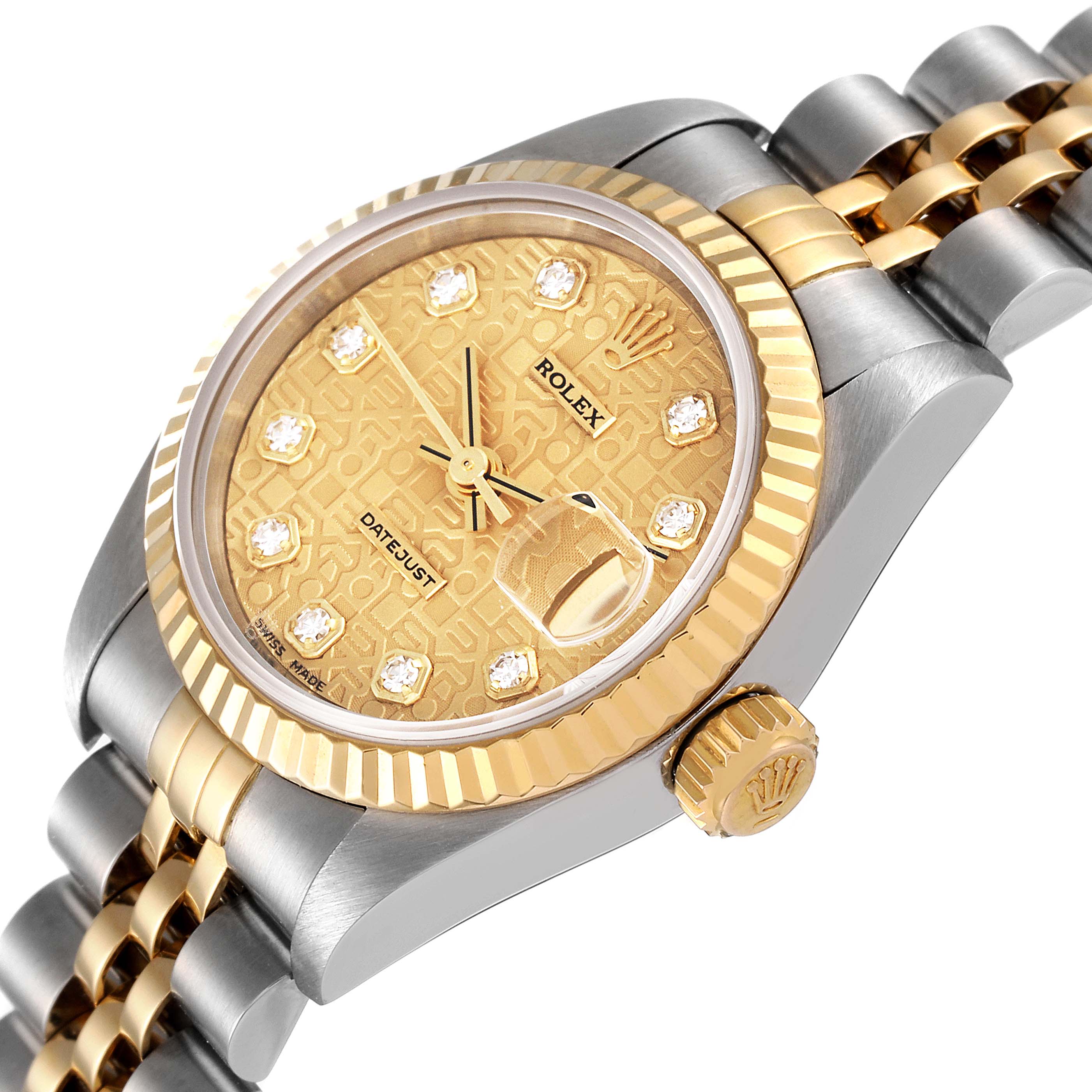 The image shows a Rolex Datejust 79173 Women's Steel and Gold (two tone) Champagne Dial 79173 Women's Steel and Gold (two tone) Champagne Dial watch, highlighting the dial, bezel, crown, and part of the bracelet at an angled close-up view.
