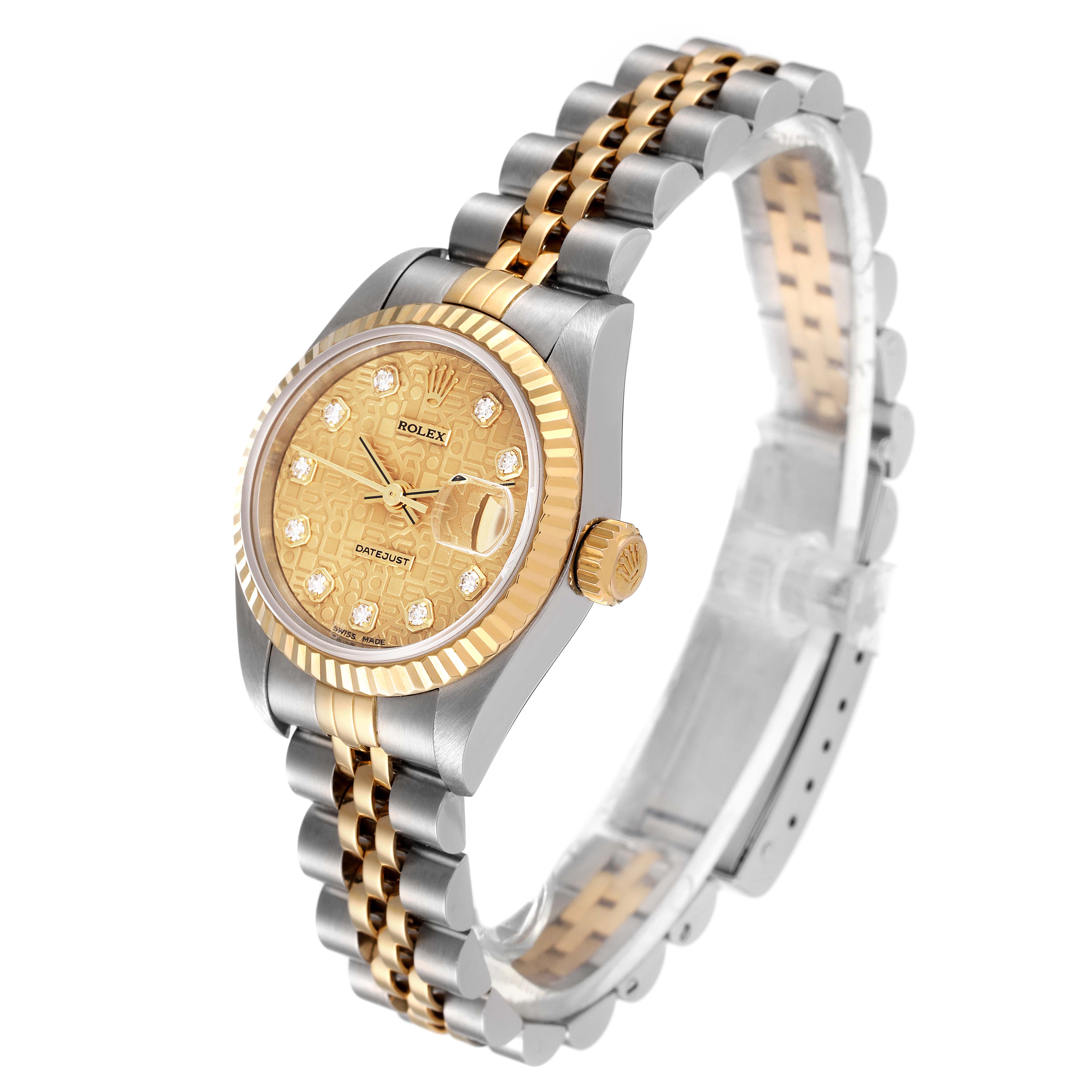This image shows a side-angle view of the Rolex Datejust 79173 Women's Steel and Gold (two tone) Champagne Dial 79173 Women's Steel and Gold (two tone) Champagne Dial watch, featuring its gold bezel, dial, and two-tone bracelet.