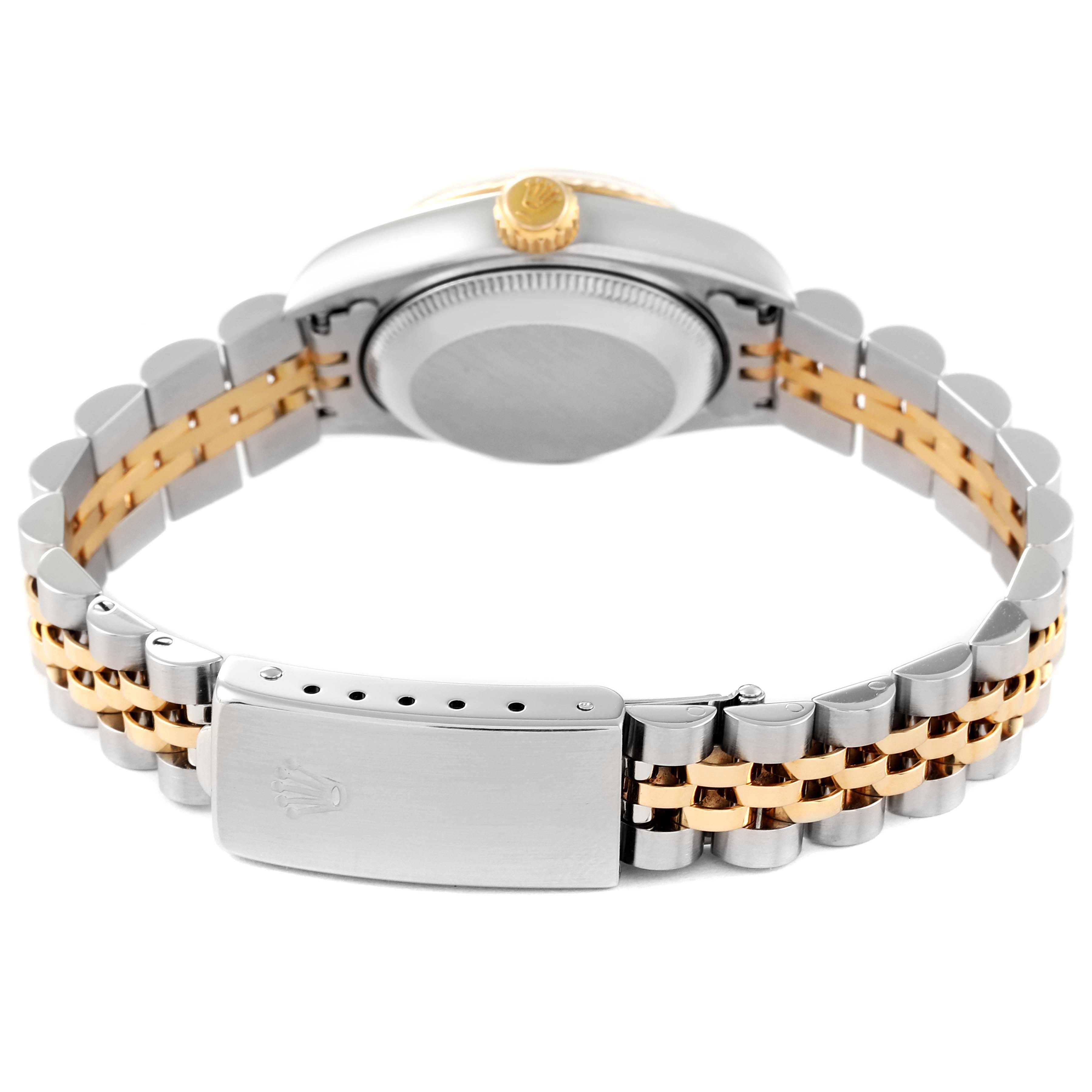 The image shows the back and clasp of the Rolex Datejust 79173 Women's Steel and Gold (two tone) Champagne Dial 79173 Women's Steel and Gold (two tone) Champagne Dial model, focusing on the bracelet and crown.
