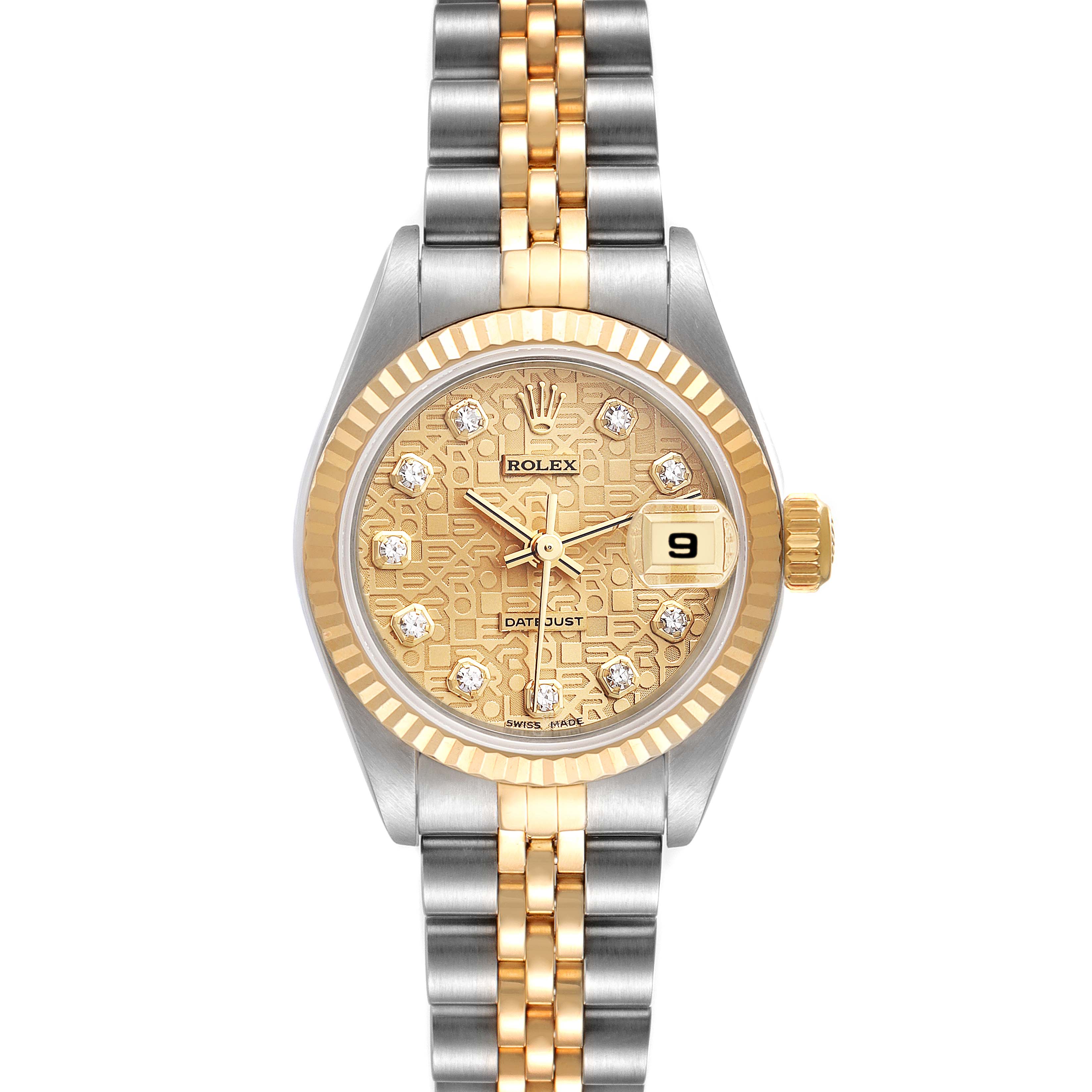 The image shows the front view of a Rolex Datejust 79173 Women's Steel and Gold (two tone) Champagne Dial 79173 Women's Steel and Gold (two tone) Champagne Dial watch, highlighting the dial, bezel, and bi-color bracelet.