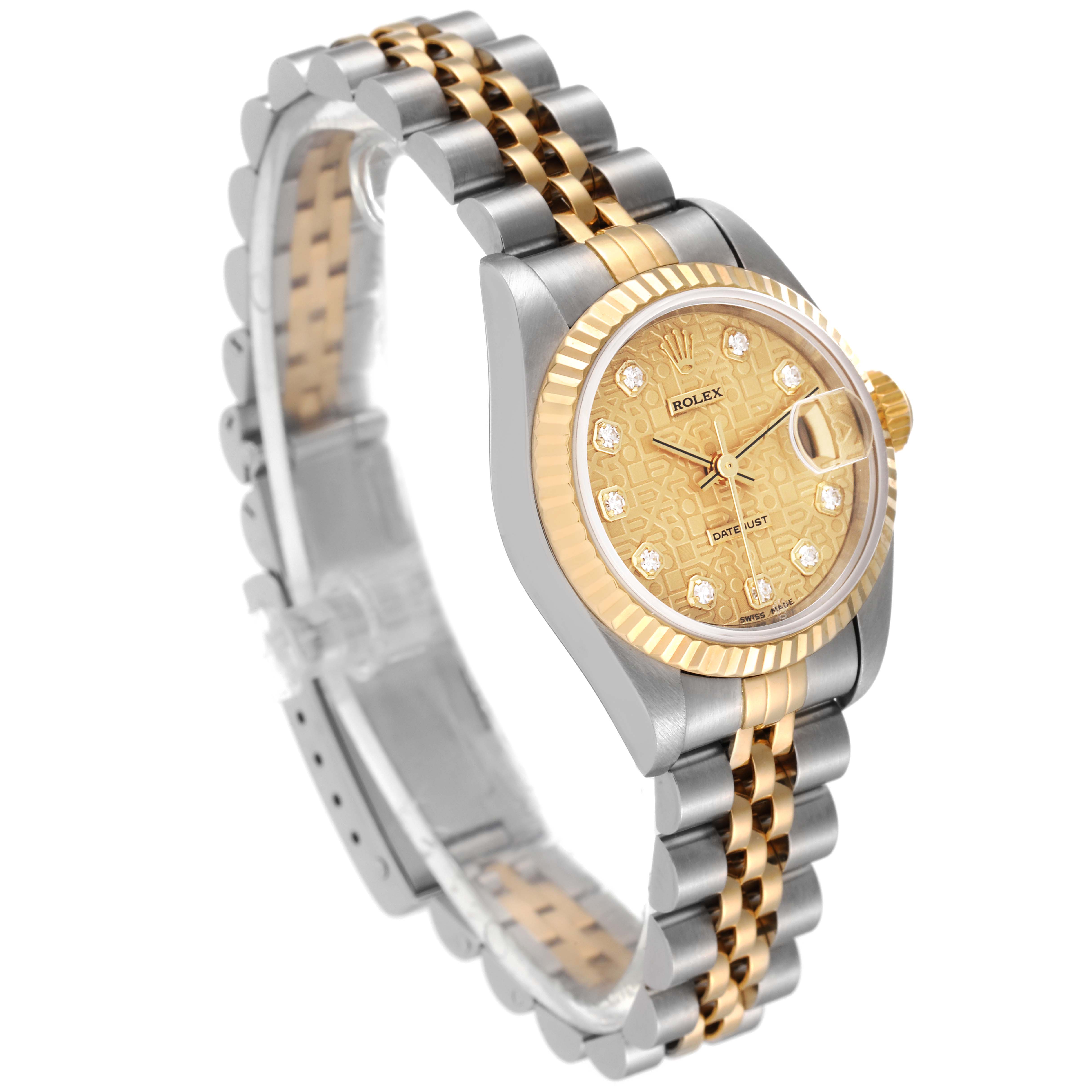 The Rolex Datejust 79173 Women's Steel and Gold (two tone) Champagne Dial 79173 Women's Steel and Gold (two tone) Champagne Dial watch is shown at a slight angle, highlighting its gold dial, case, and bi-metal Oyster bracelet.