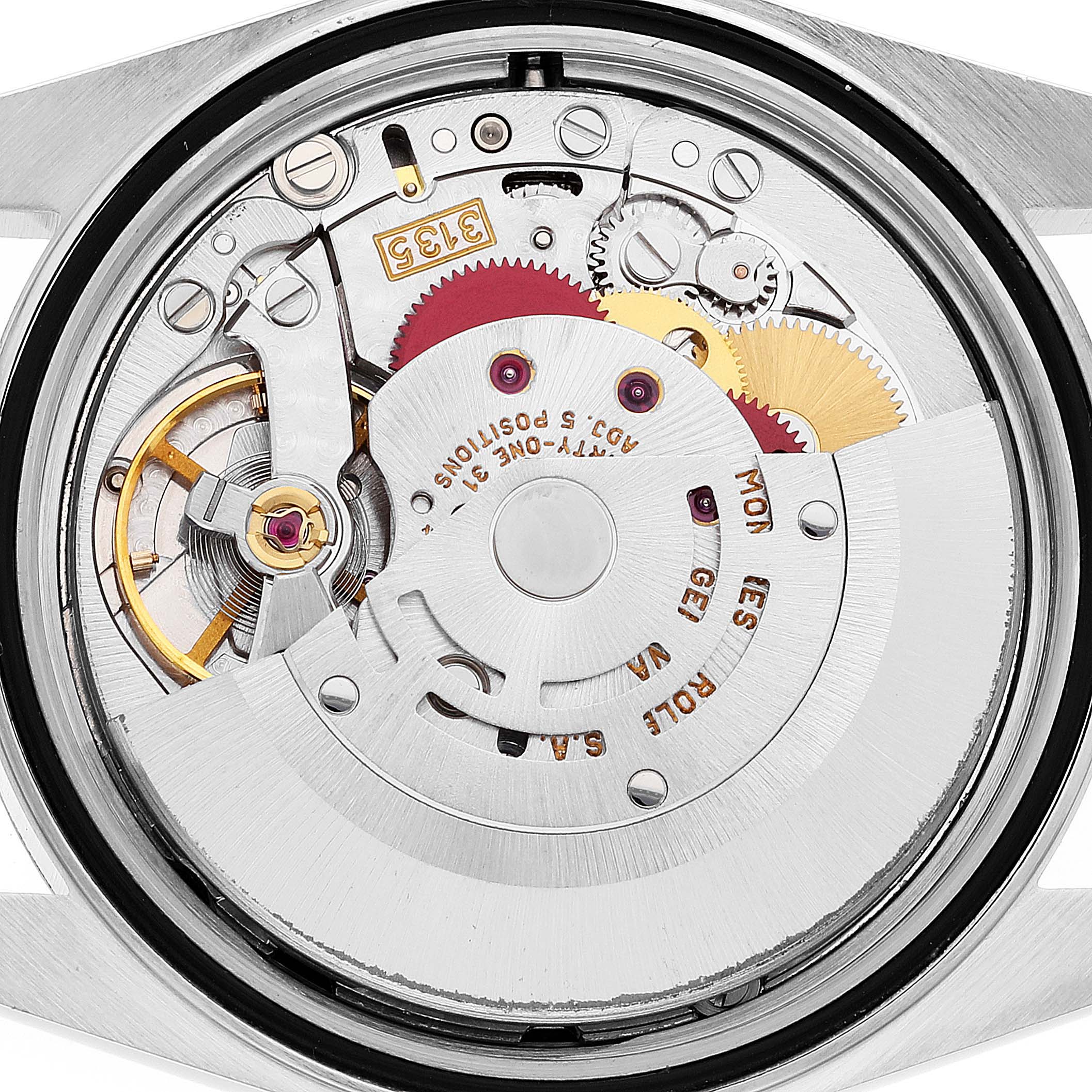 This image shows the intricate internal mechanism of a Rolex Datejust 16233 Men's Steel and Gold (two tone) Black Dial 16233 Men's Steel and Gold (two tone) Black Dial watch from a top-down angle.