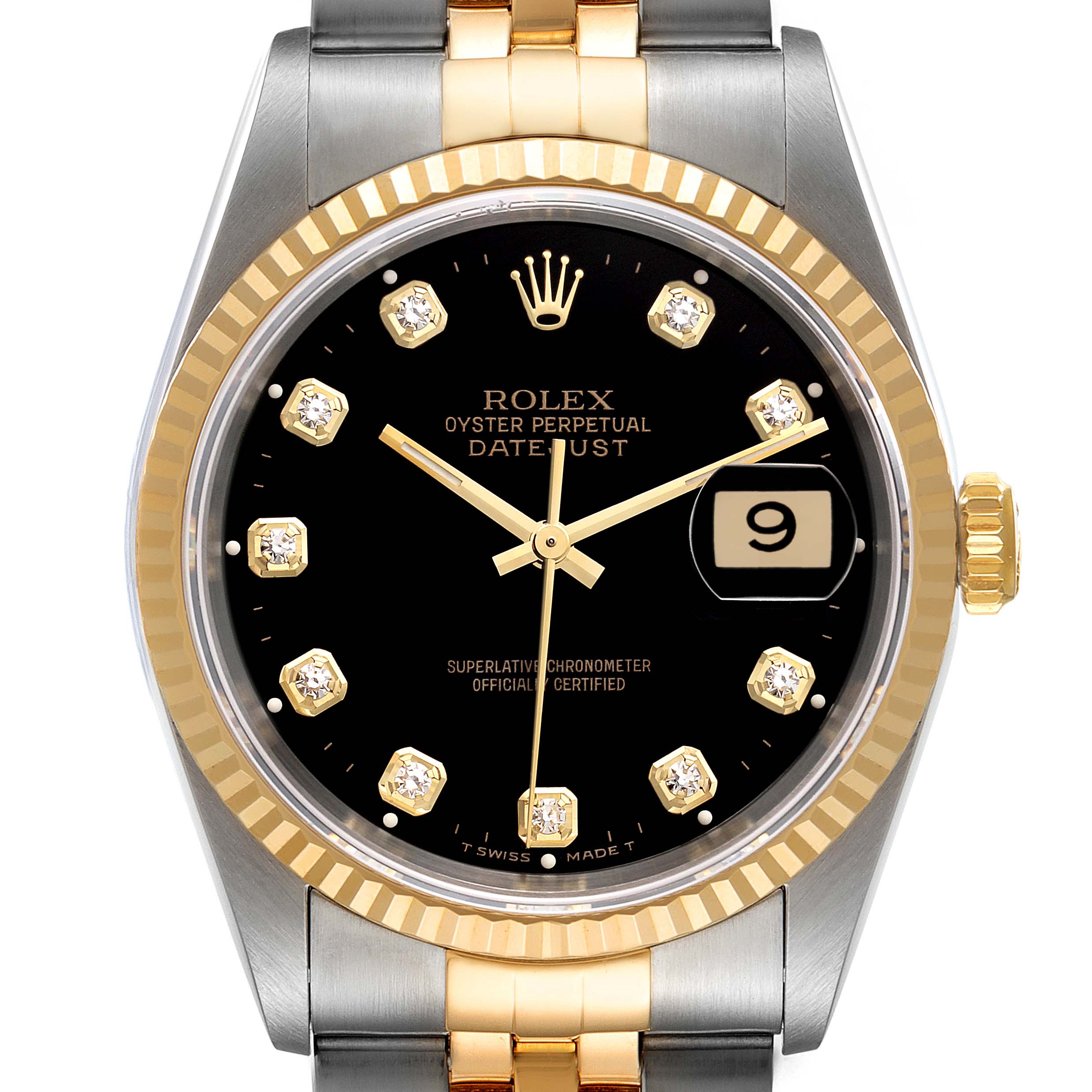 This image shows a front view of a Rolex Datejust 16233 Men's Steel and Gold (two tone) Black Dial 16233 Men's Steel and Gold (two tone) Black Dial watch, highlighting its black dial, gold hands, diamond hour markers, and date window.