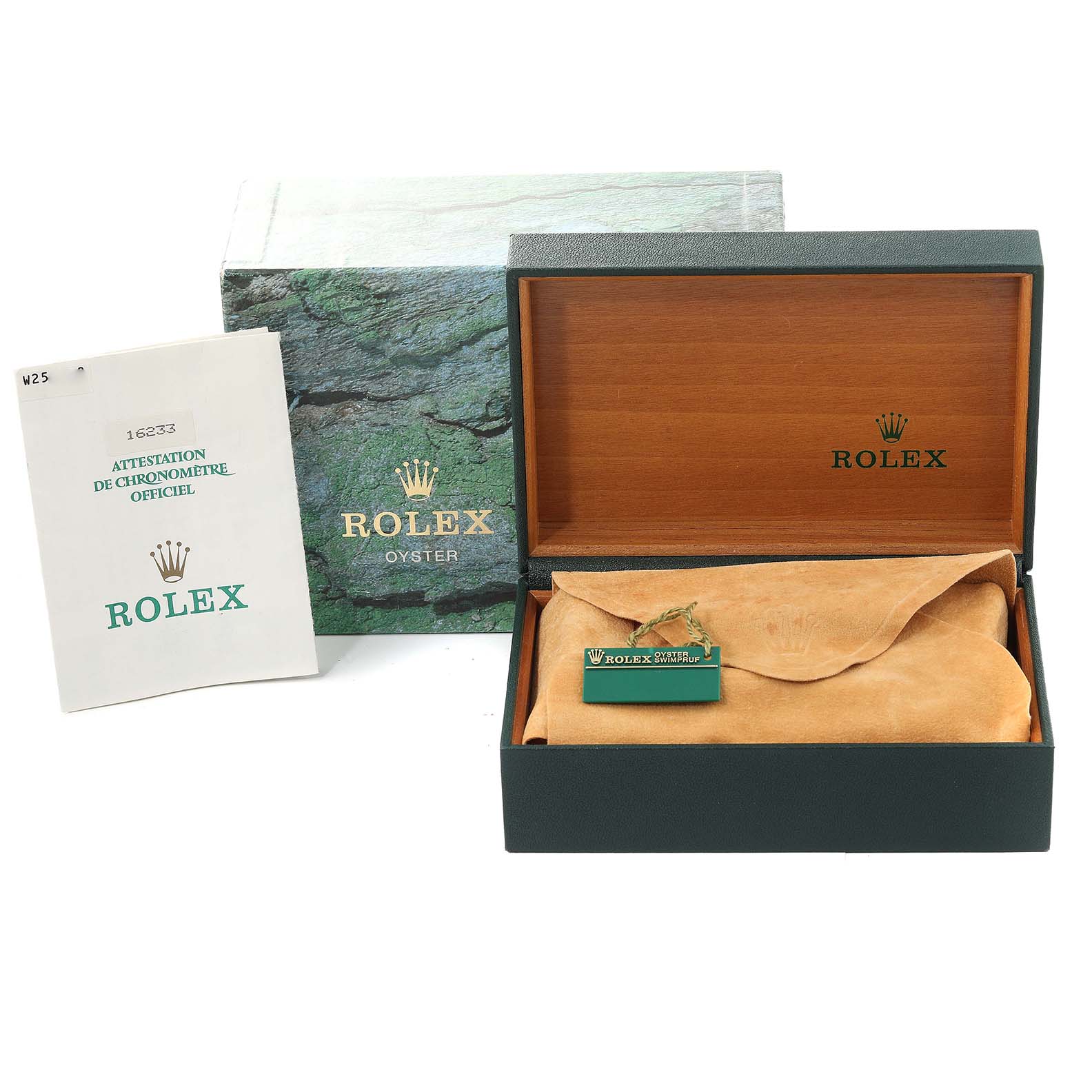 This image shows the packaging, documentation, and accessories for a Rolex Datejust 16233 Men's Steel and Gold (two tone) Black Dial 16233 Men's Steel and Gold (two tone) Black Dial watch, including the box, certificate, and tag.