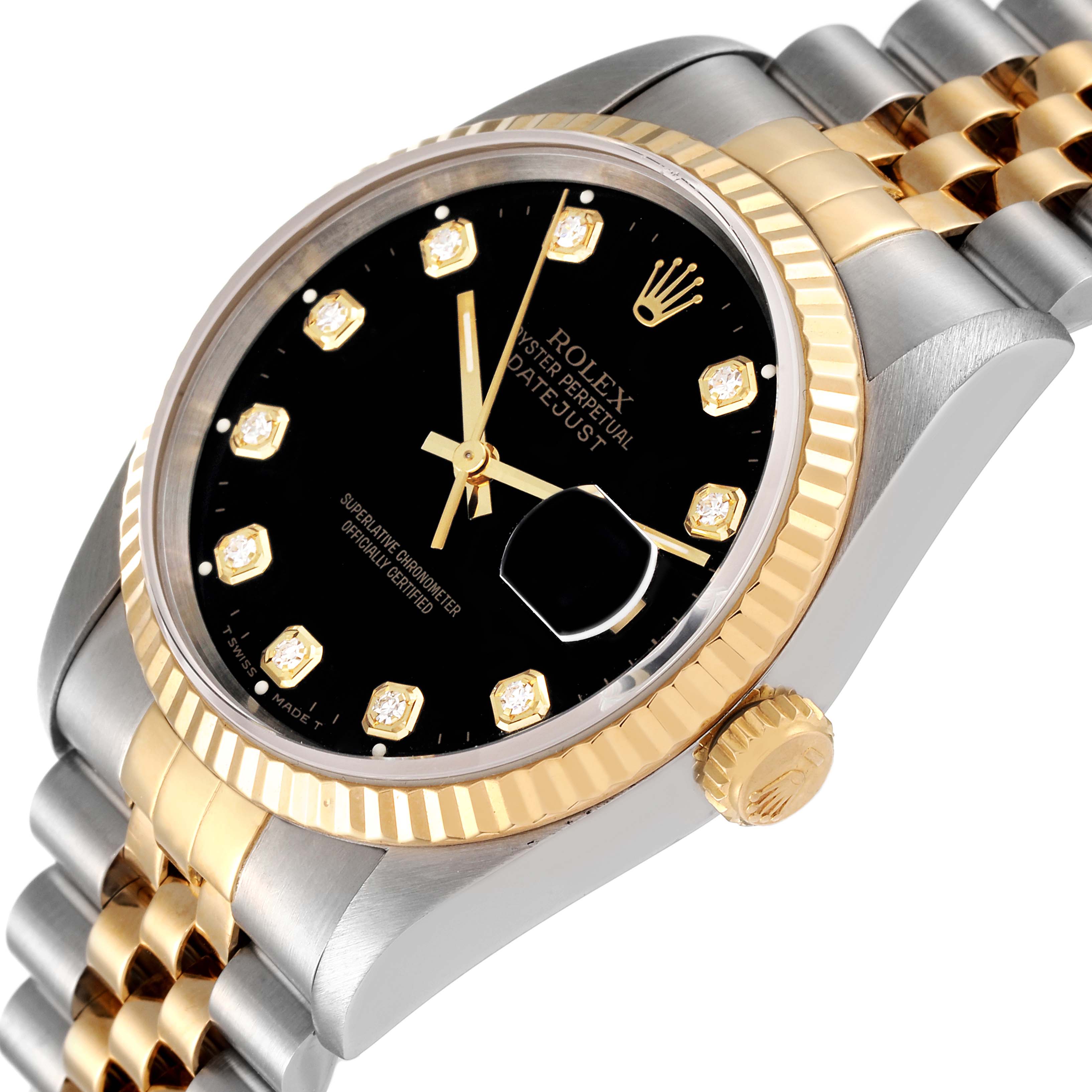 This image shows a Rolex Datejust 16233 Men's Steel and Gold (two tone) Black Dial 16233 Men's Steel and Gold (two tone) Black Dial watch at an angle highlighting its bezel, crown, and part of the bracelet.